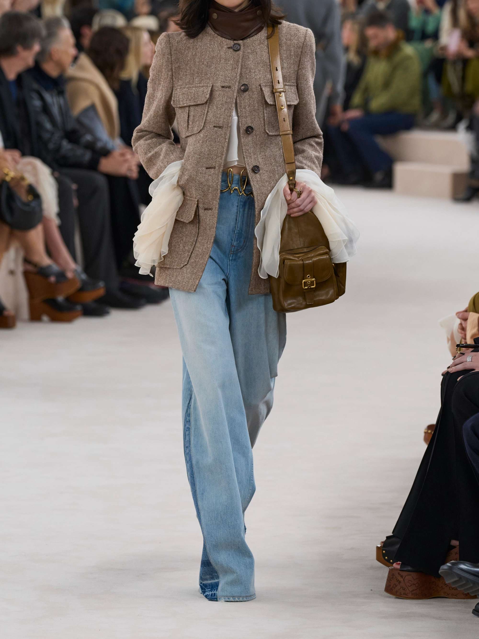 Leather-trimmed herringbone wool jacket view