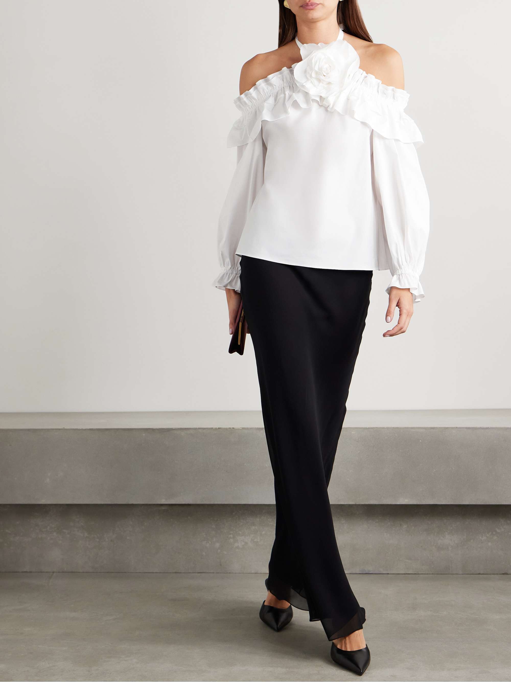 Off-the-shoulder ruffled appliquéd cotton-blend poplin halterneck blouse view