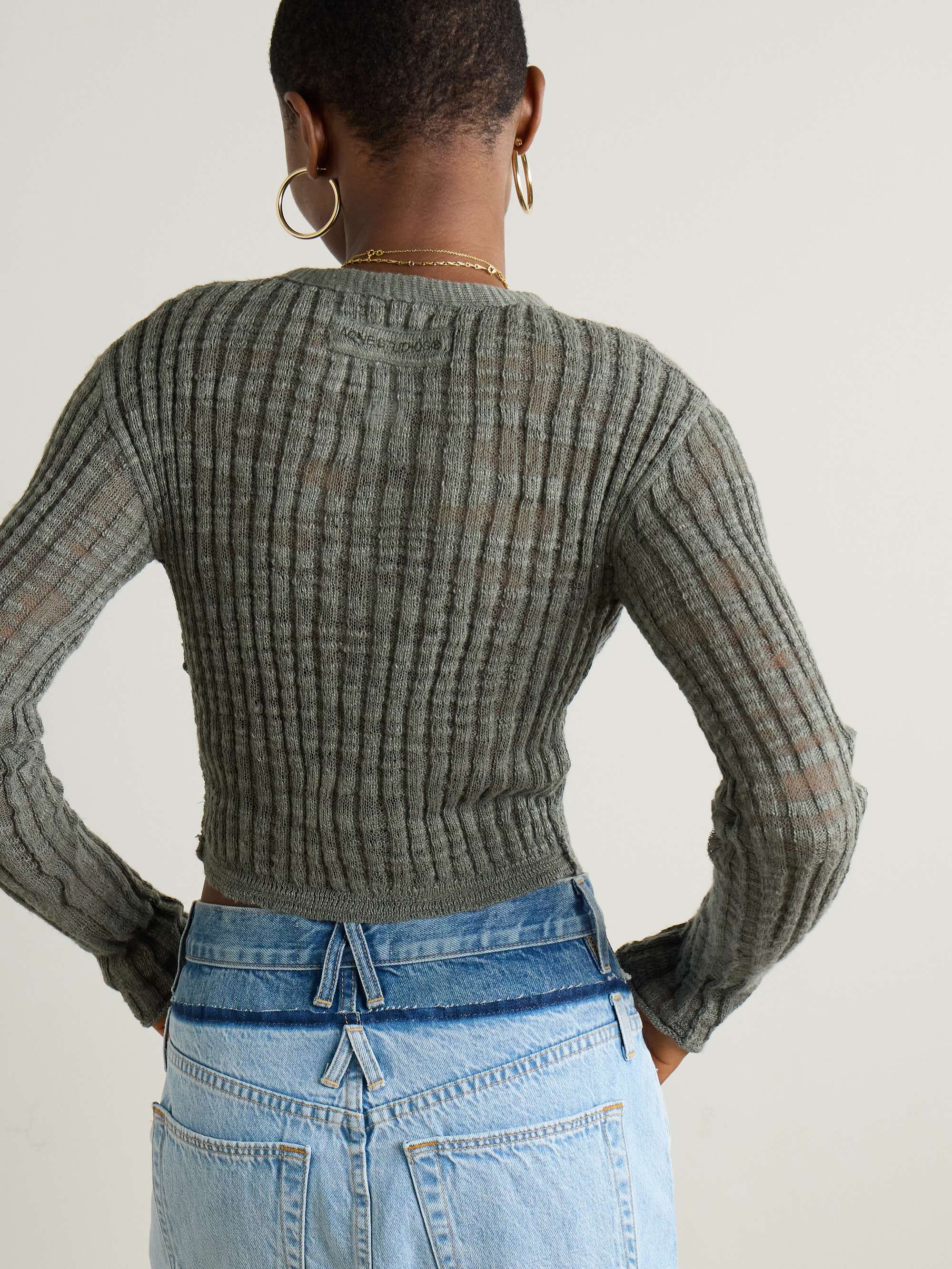 Cropped ribbed linen-blend cardigan view
