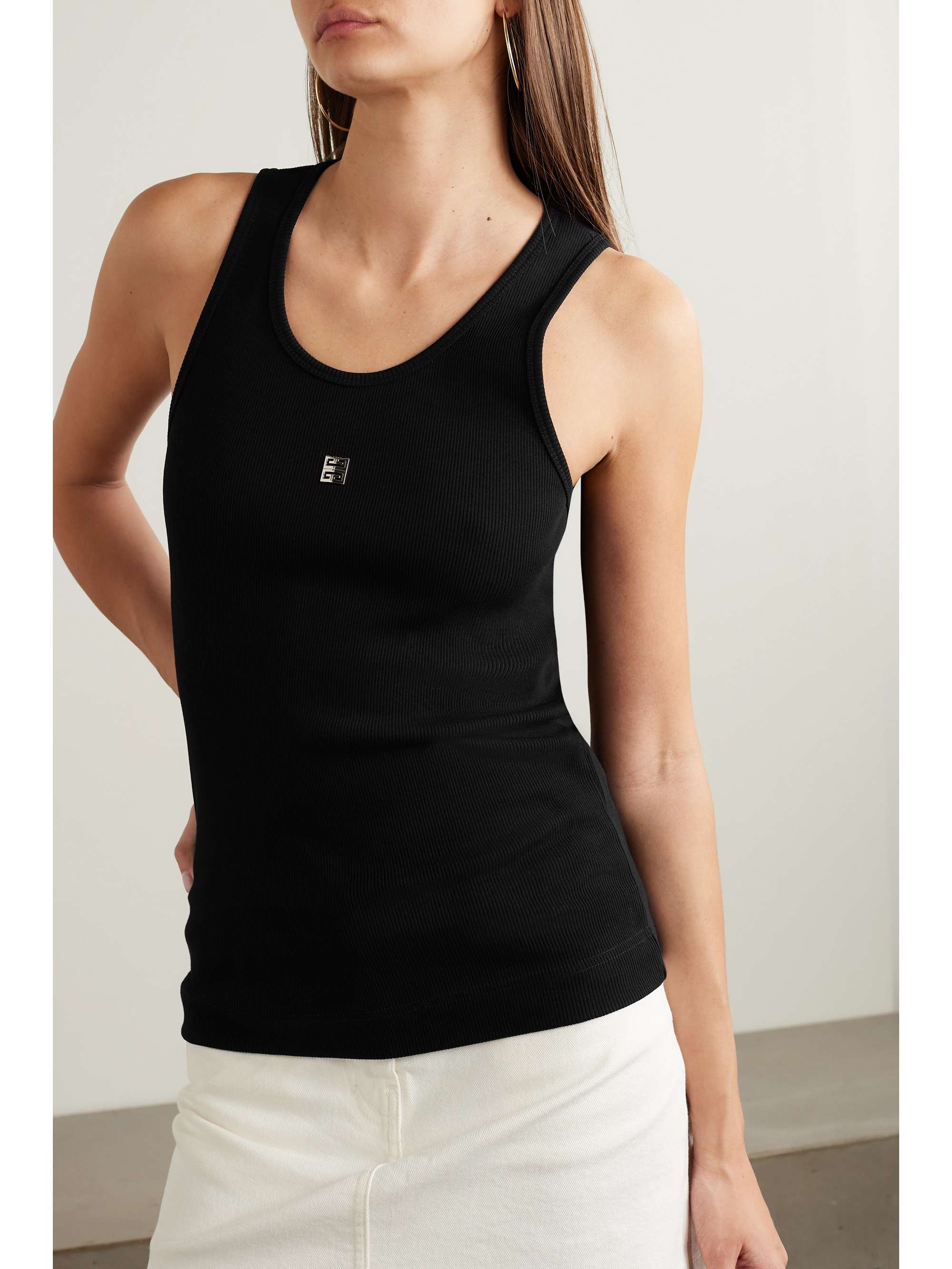 Embellished ribbed stretch-cotton tank view