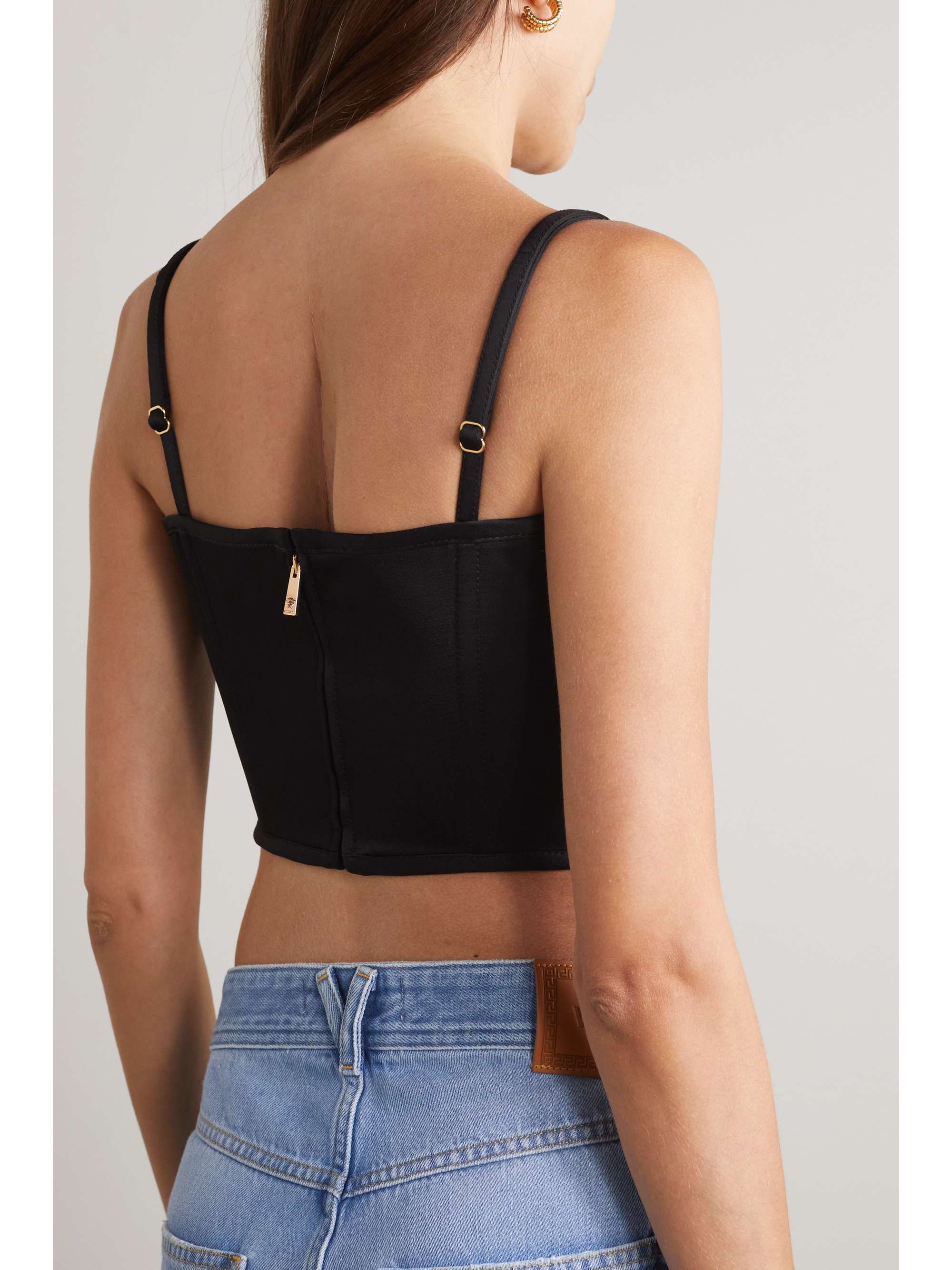Icons cropped embellished satin bustier top view