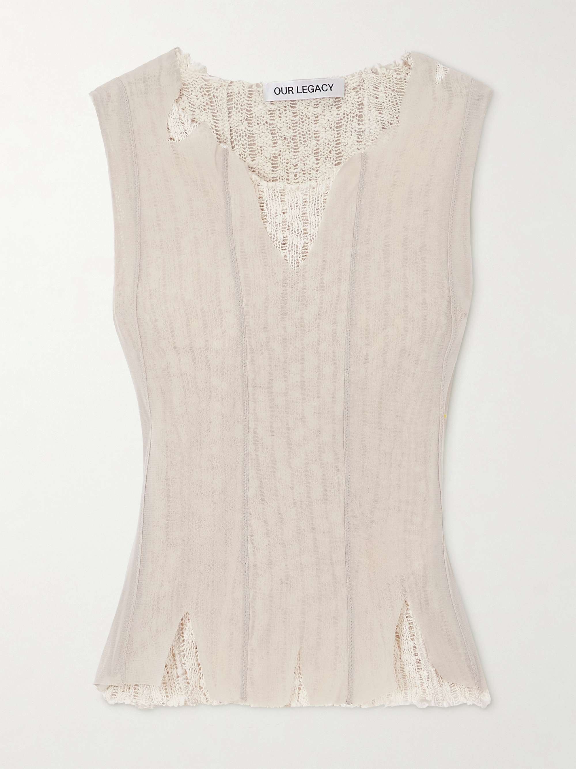 Ragged distressed mesh and cotton-blend crochet tank view