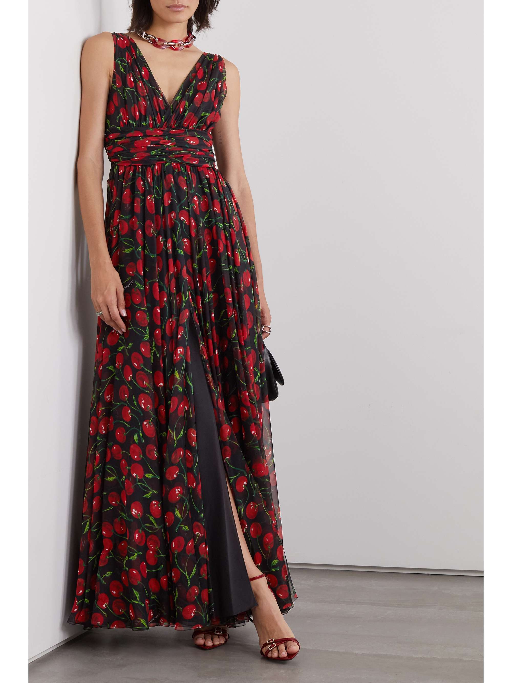 Gathered printed silk-blend chiffon maxi dress view