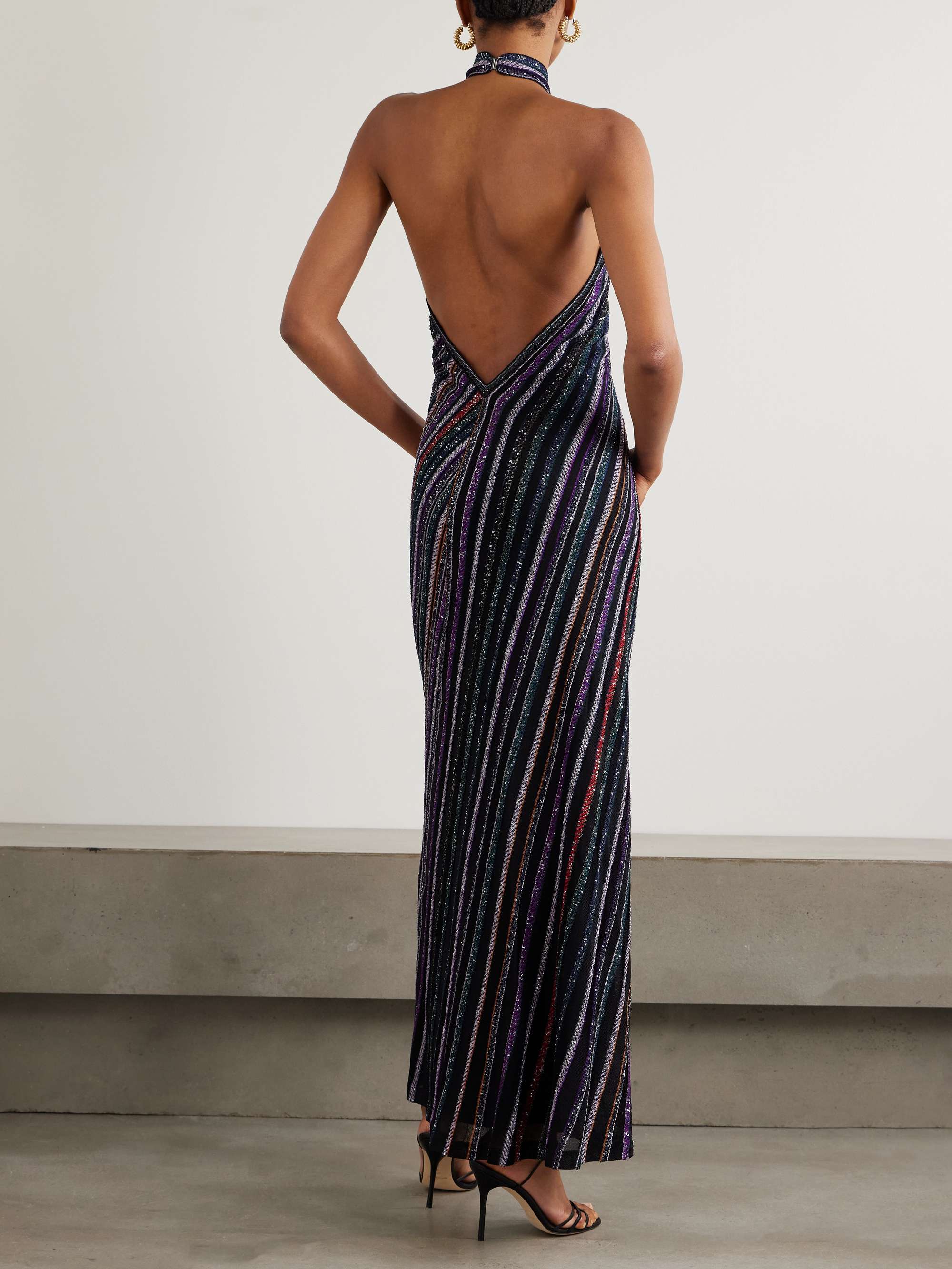 Sequined striped crochet-knit halterneck maxi dress view