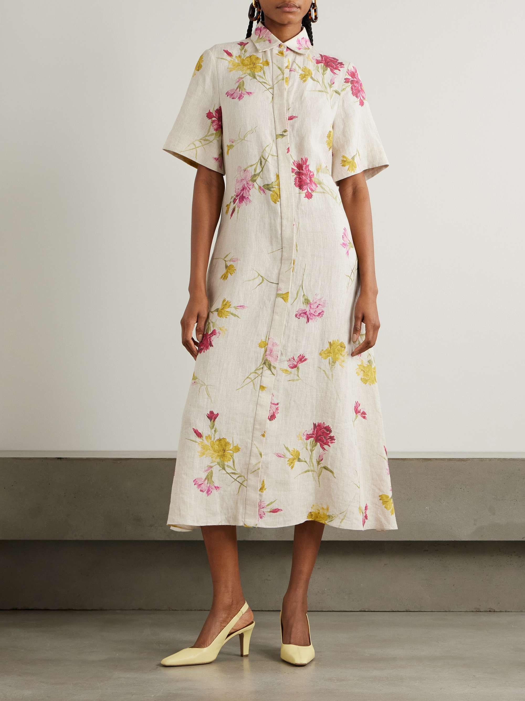 Belted floral-print linen midi shirt dress view