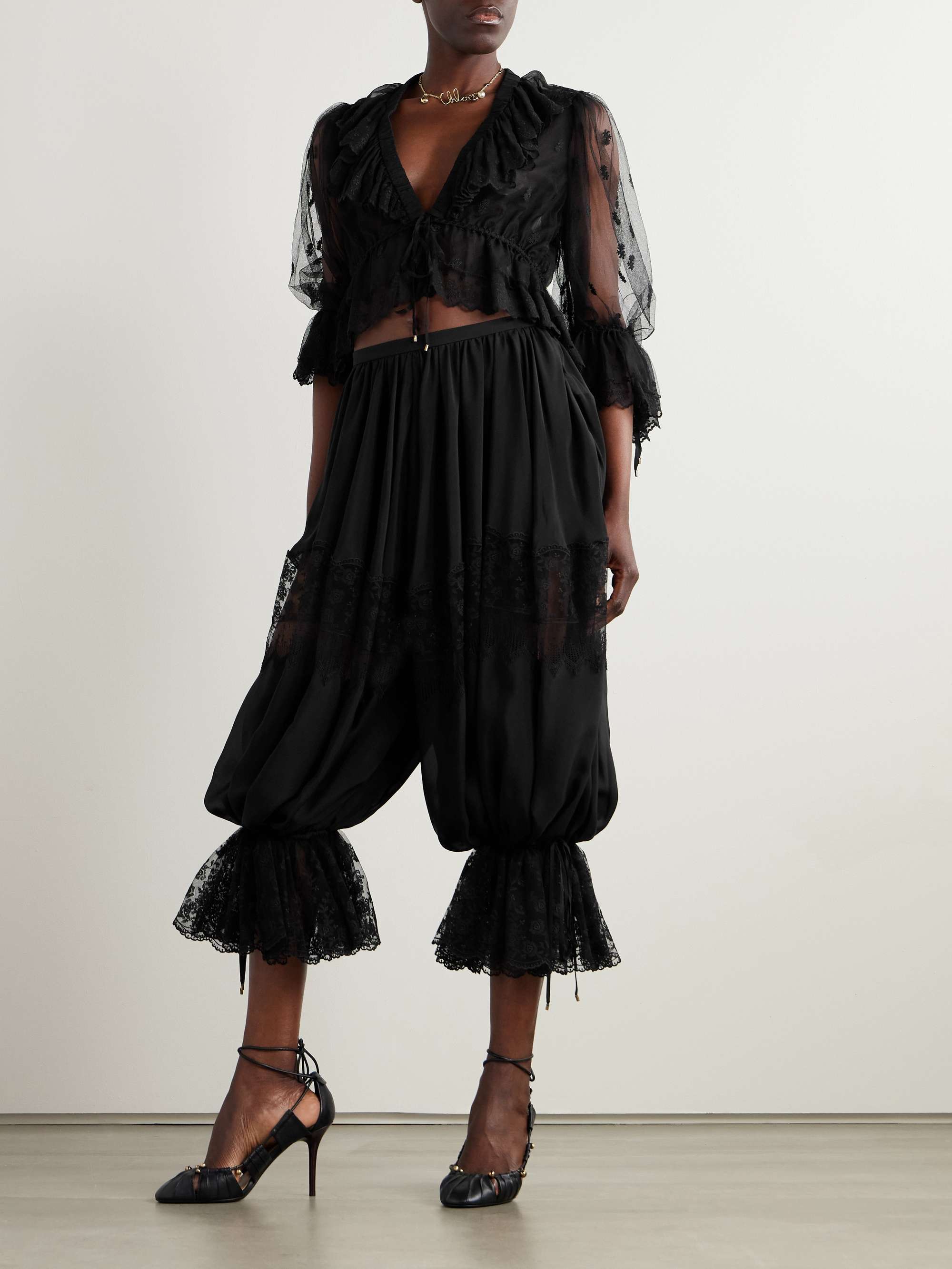 Cropped ruffled embroidered mesh blouse view