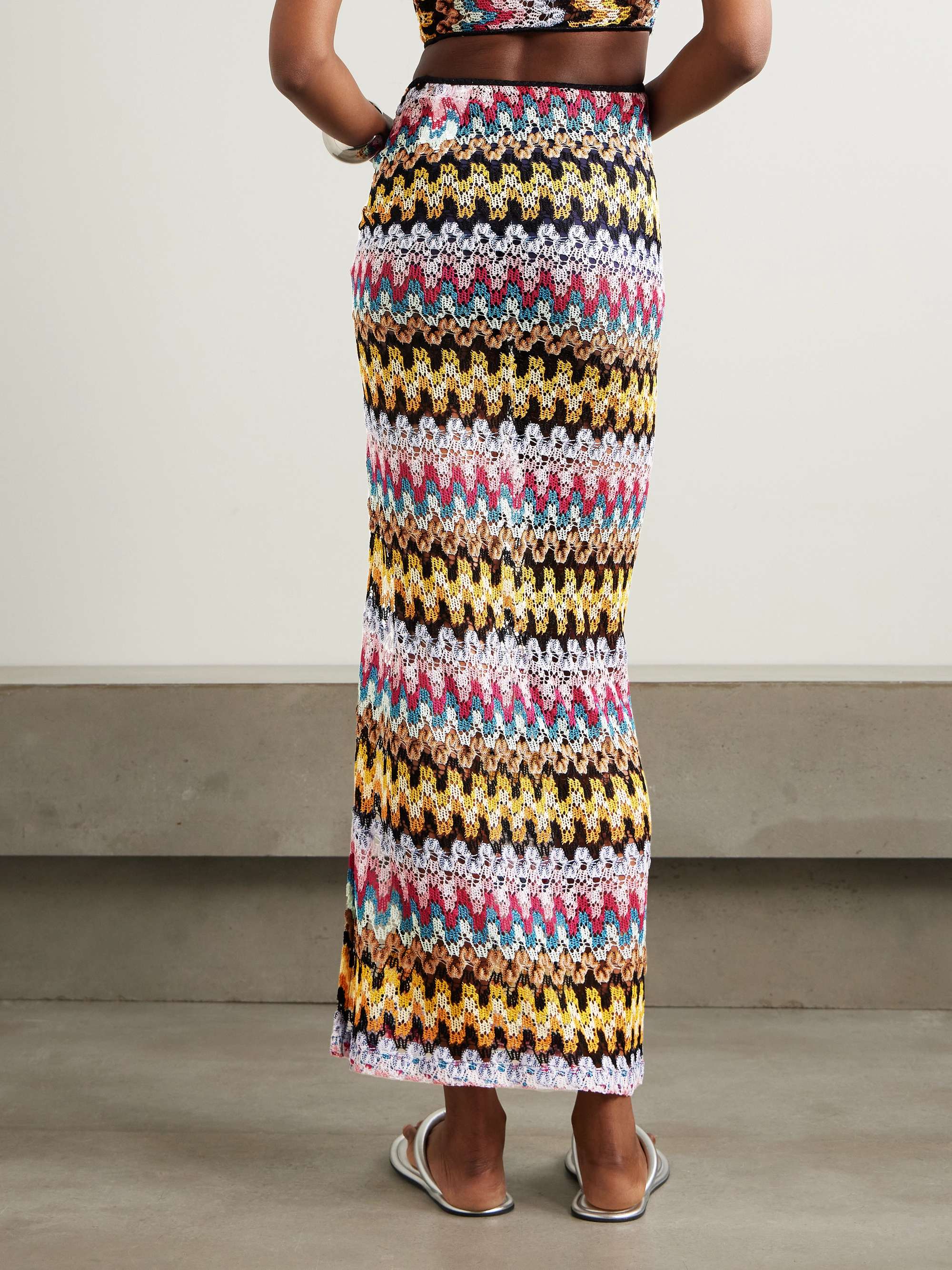 Ruched metallic crochet-knit midi skirt view
