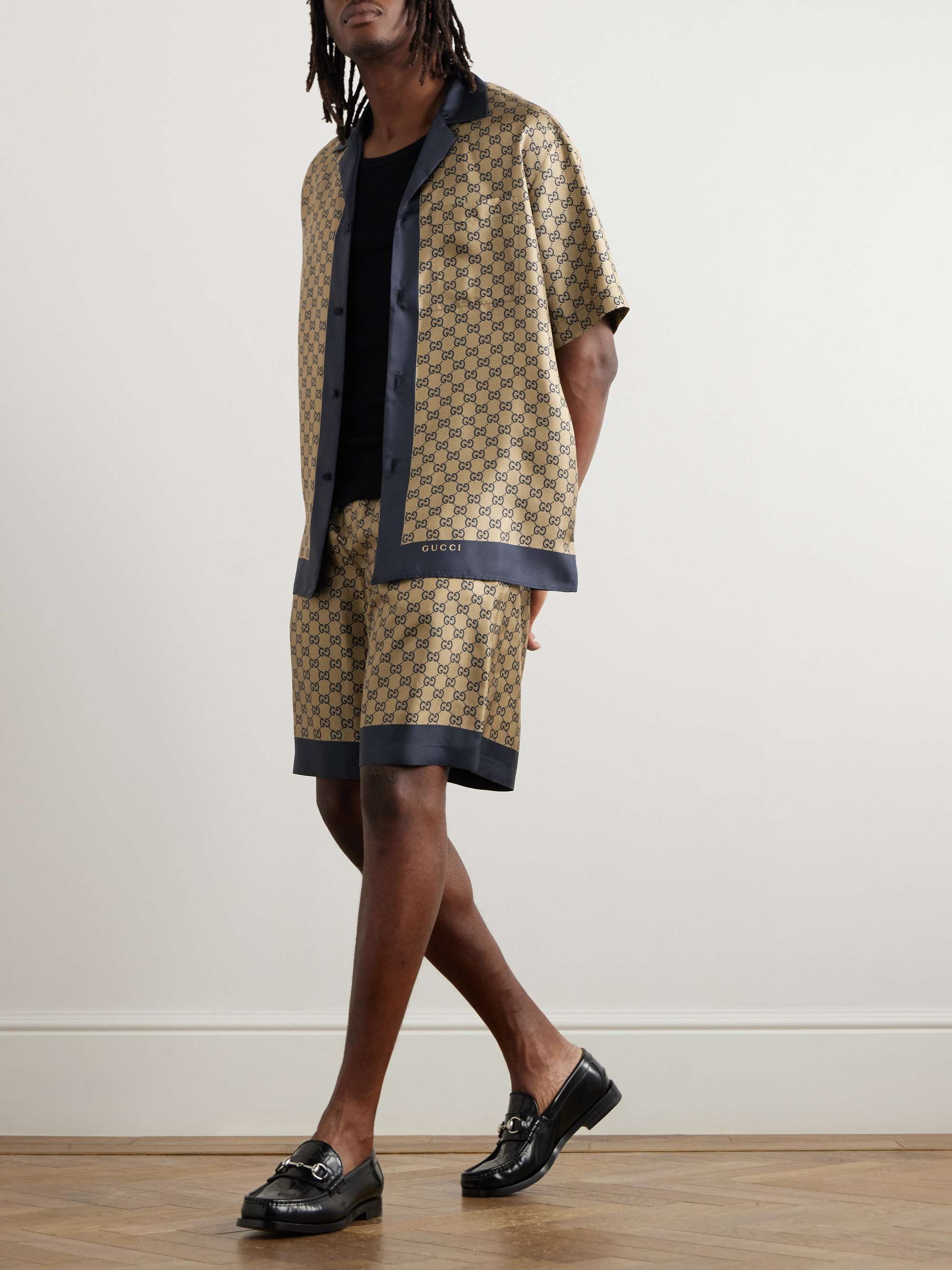 Wide-Leg Logo-Print Silk Shorts view