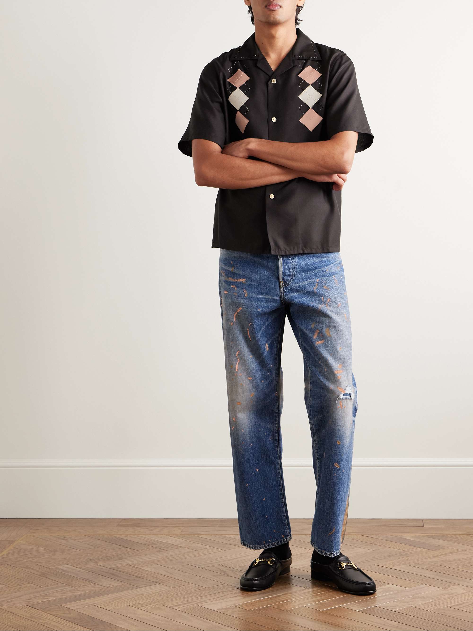 Keesey Convertible-Collar Embroidered Appliquéd Silk-Shantung Shirt view