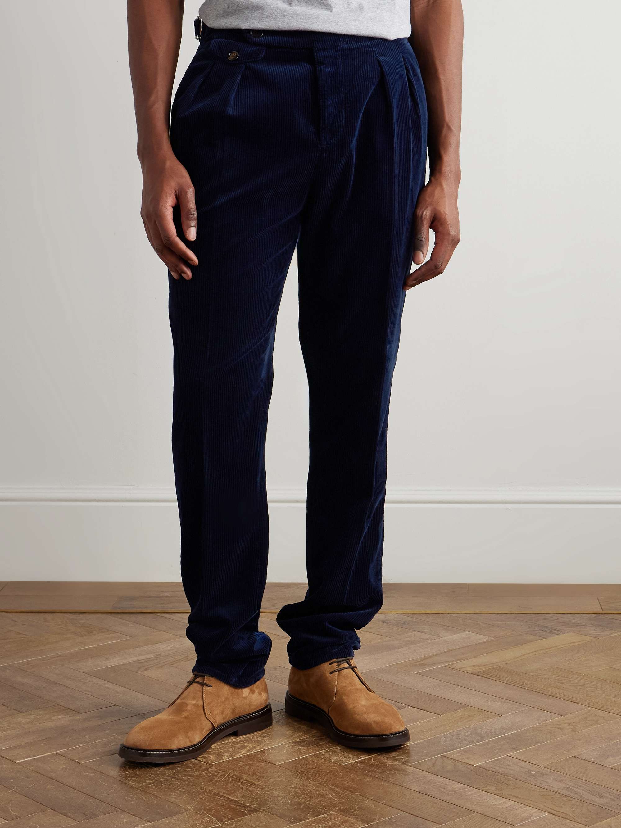 Straight-Leg Pleated Cotton-Corduroy Trousers view