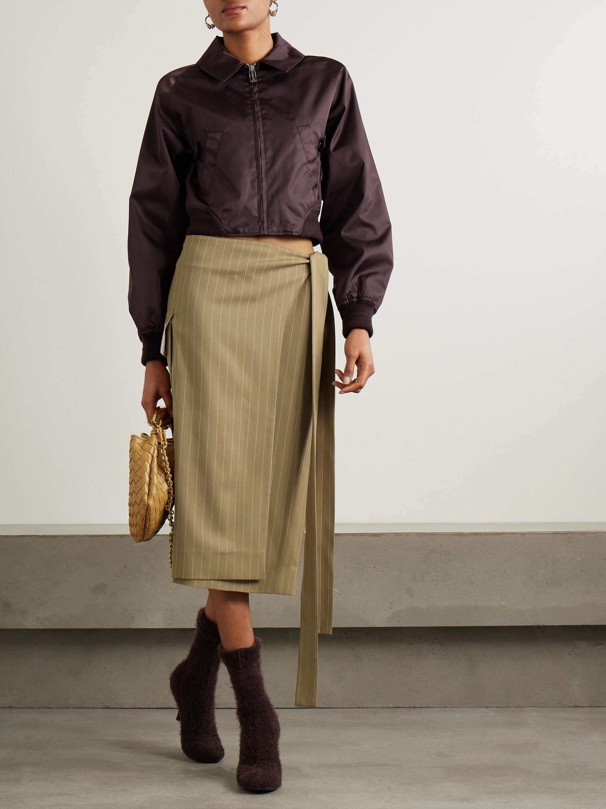 Tie-detailed pinstriped wool-twill midi wrap skirt view