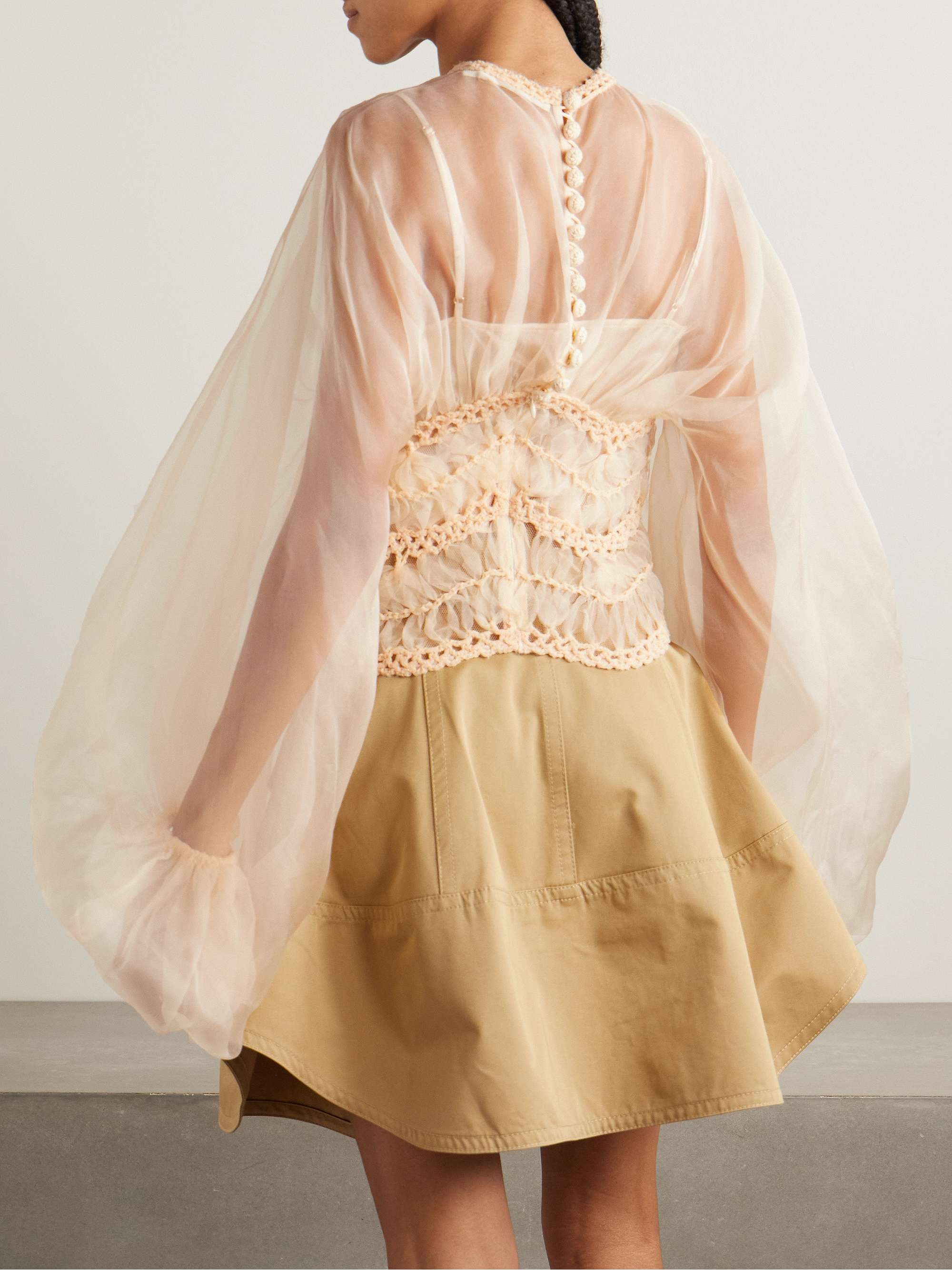 Illuminate macramé and tulle-trimmed gathered silk-organza blouse view