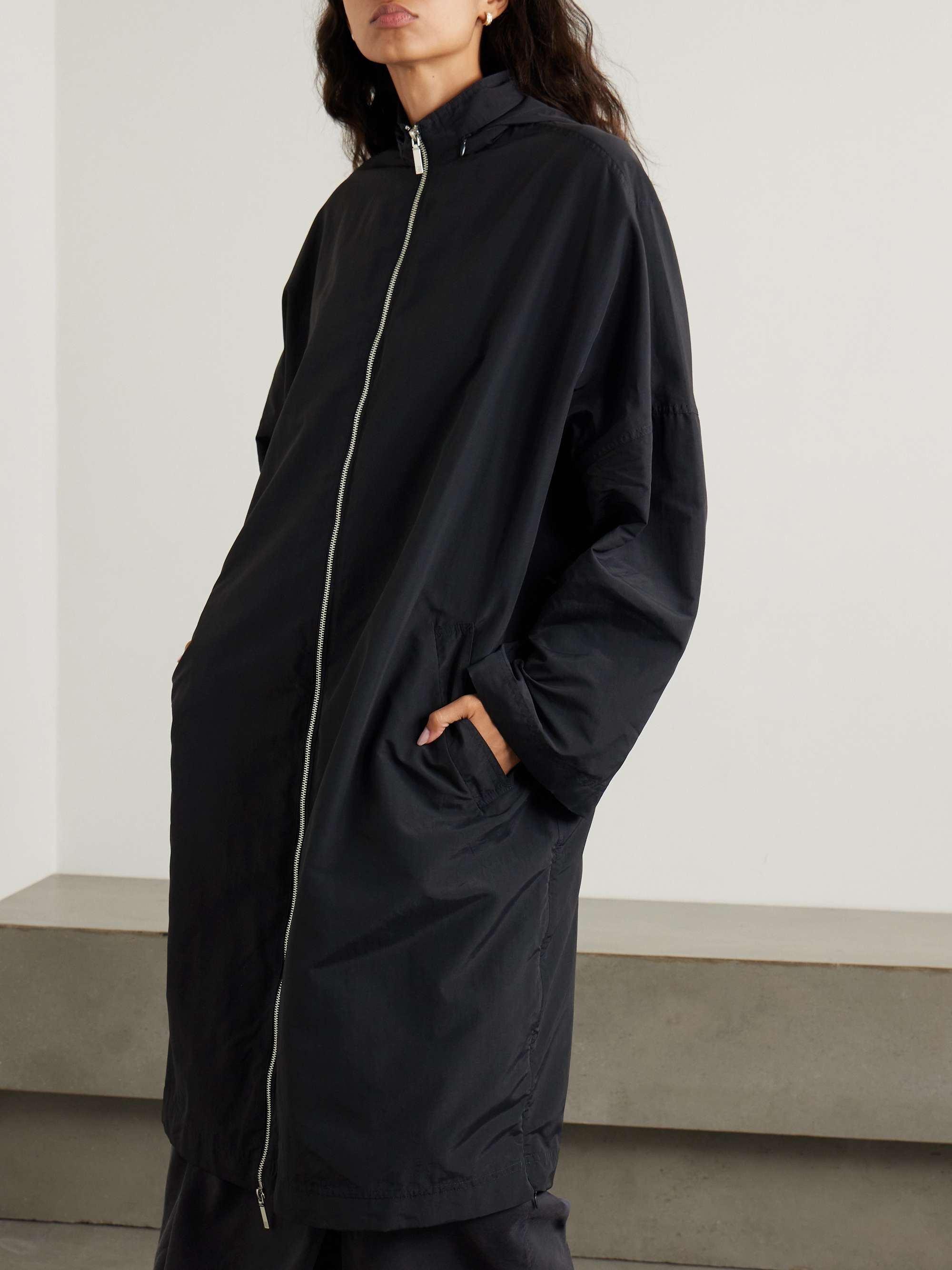 Hooded recycled-shell coat view
