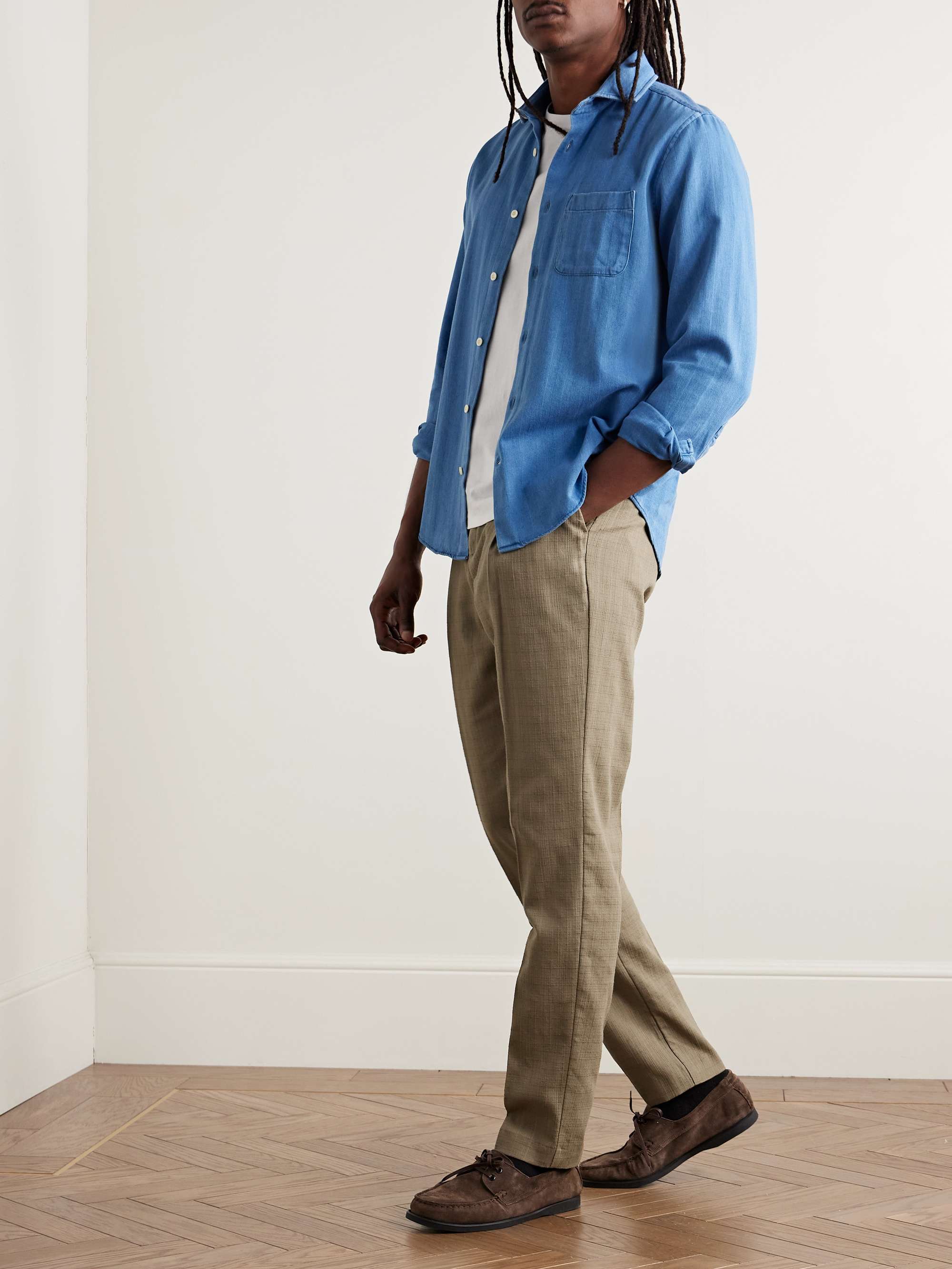 Straight-Leg Pleated Textured-Cotton Trousers view