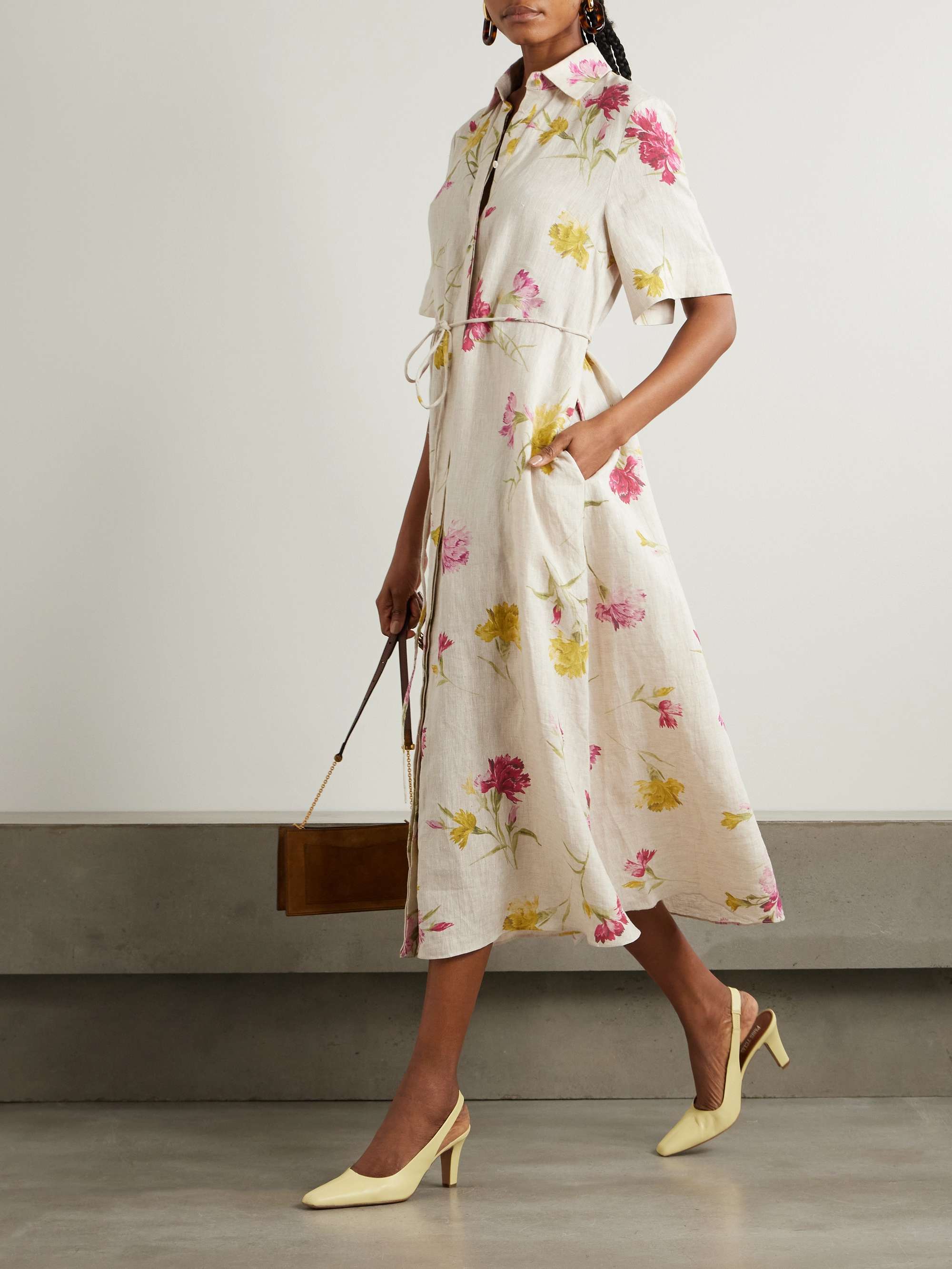 Belted floral-print linen midi shirt dress view