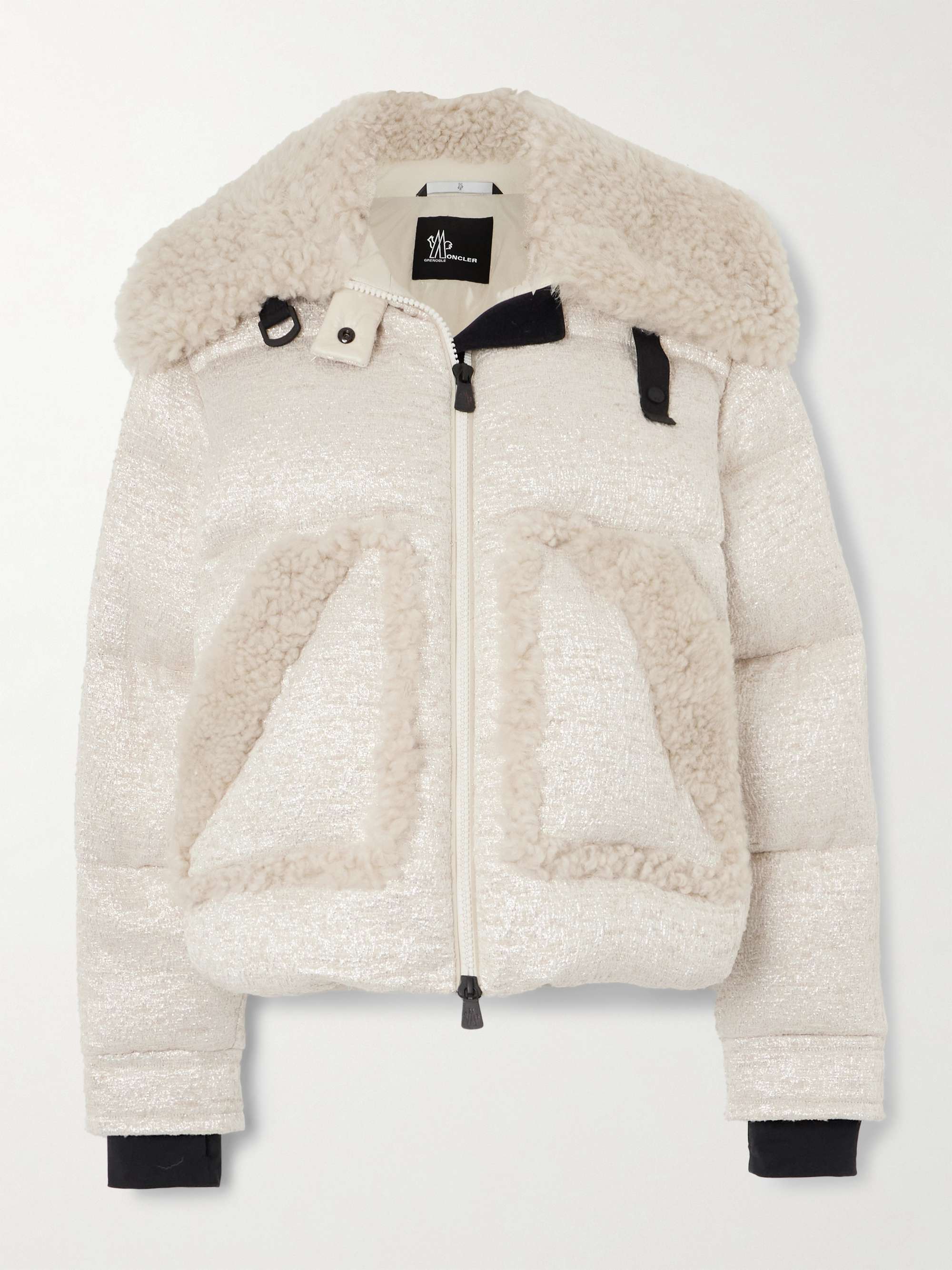 Stowe appliquéd shearling-trimmed metallic tweed down jacket view