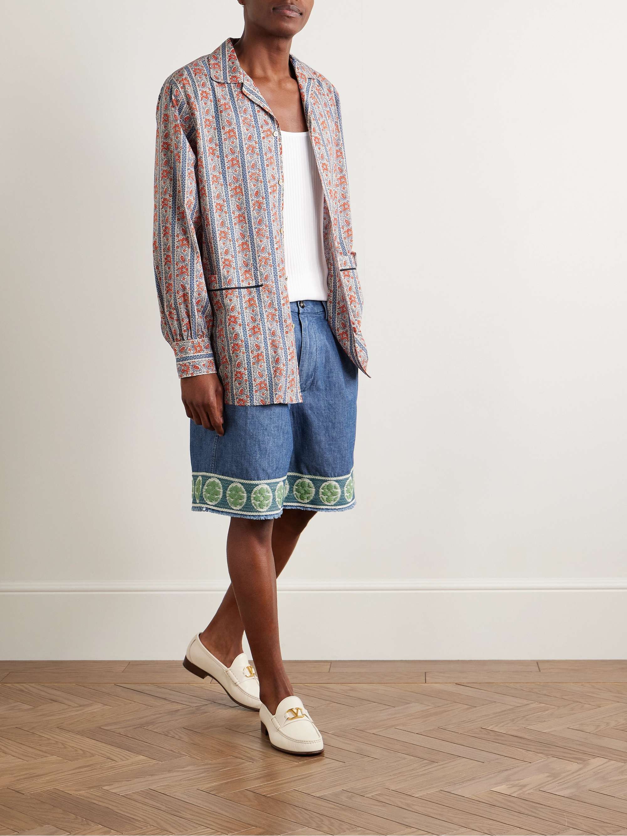 Wide-Leg Pleated Embroidered Denim Shorts view