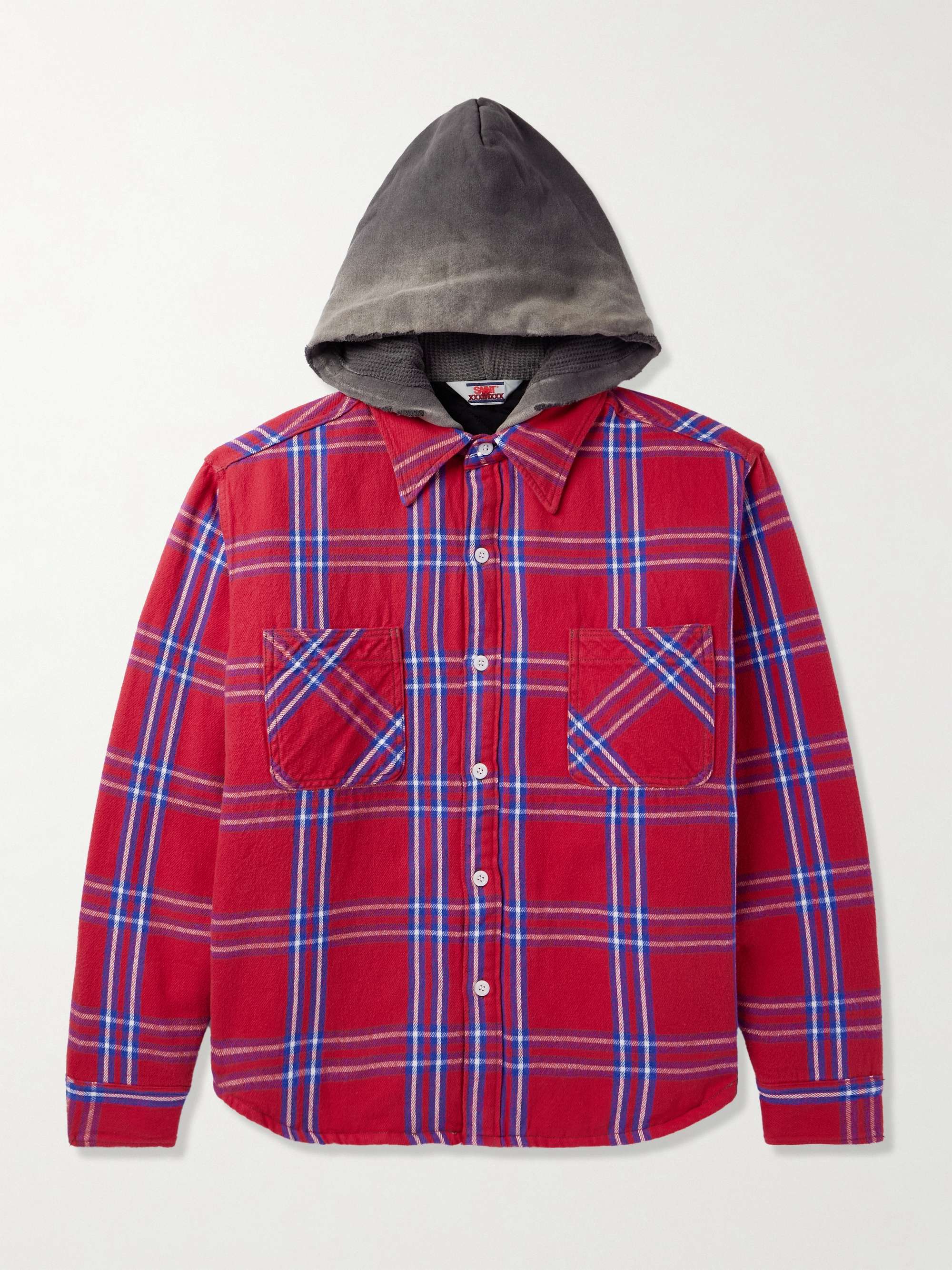 Jersey-Trimmed Padded Checked Cotton-Flannel Hooded Overshirt view
