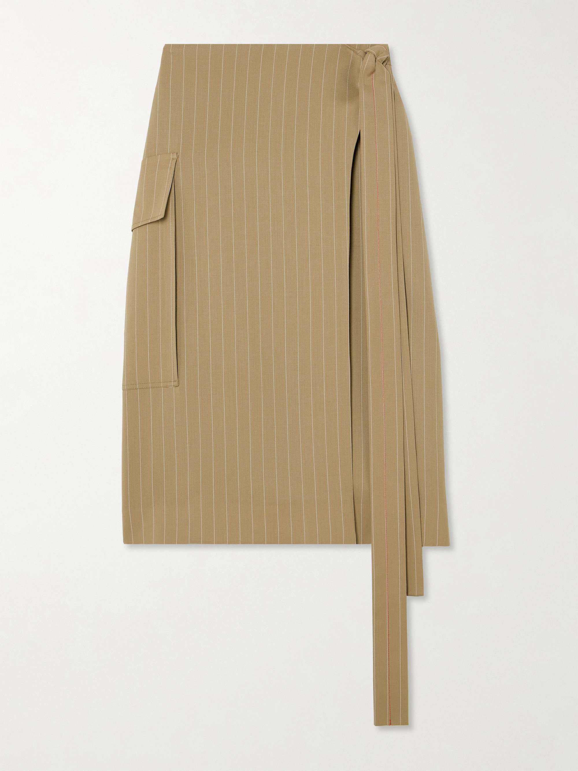 Tie-detailed pinstriped wool-twill midi wrap skirt view