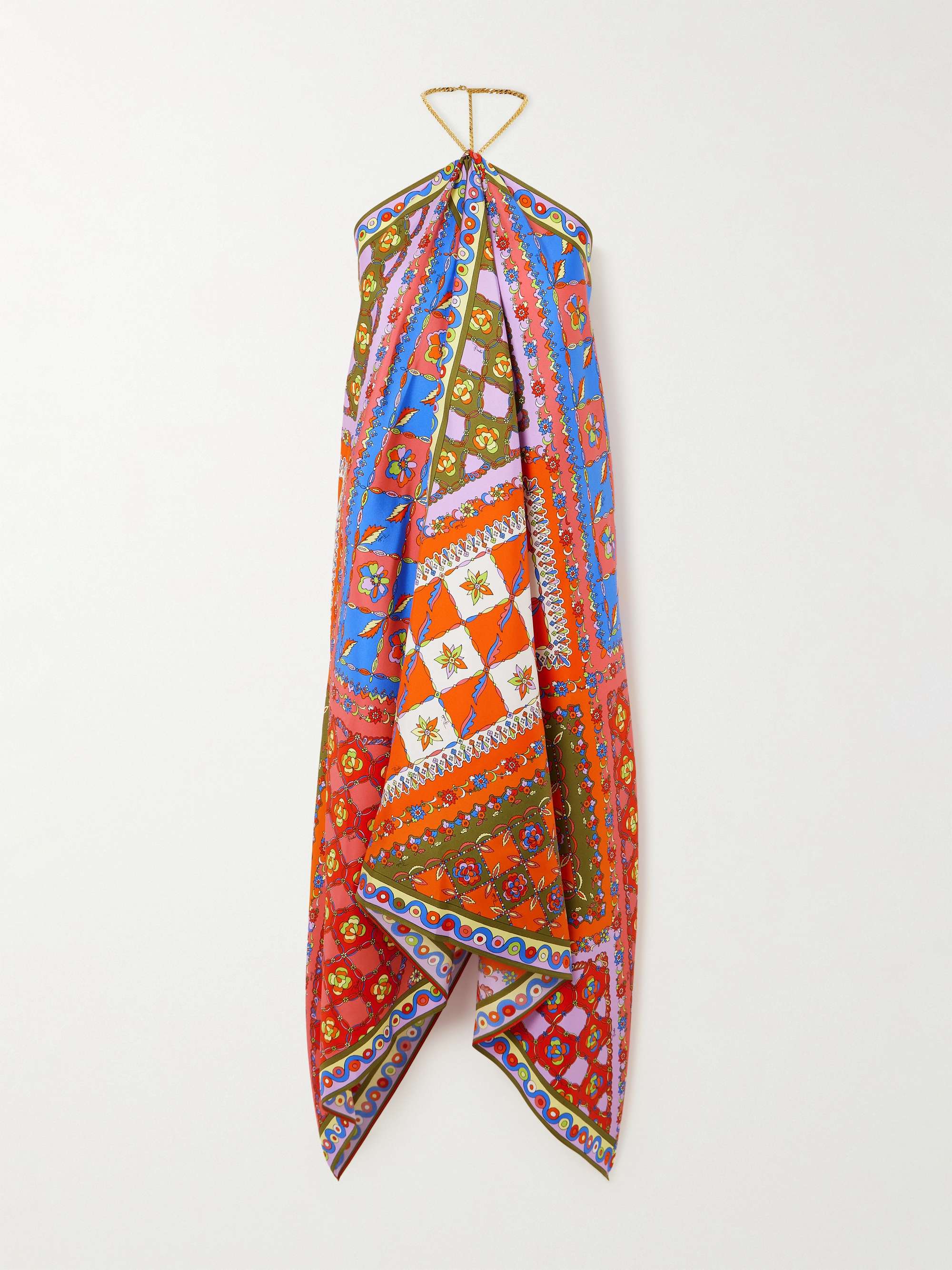 Asymmetric printed silk-twill halterneck midi dress view
