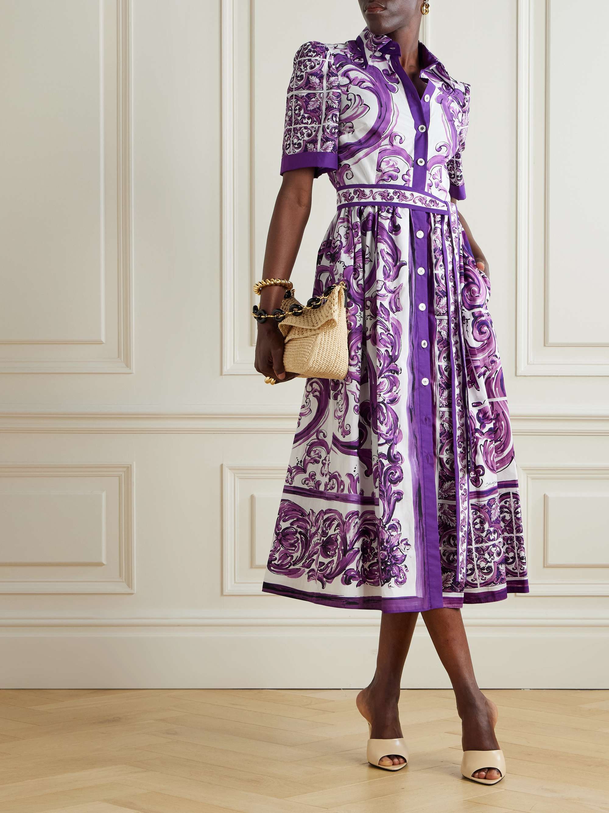 Belted printed cotton-poplin midi shirt dress view