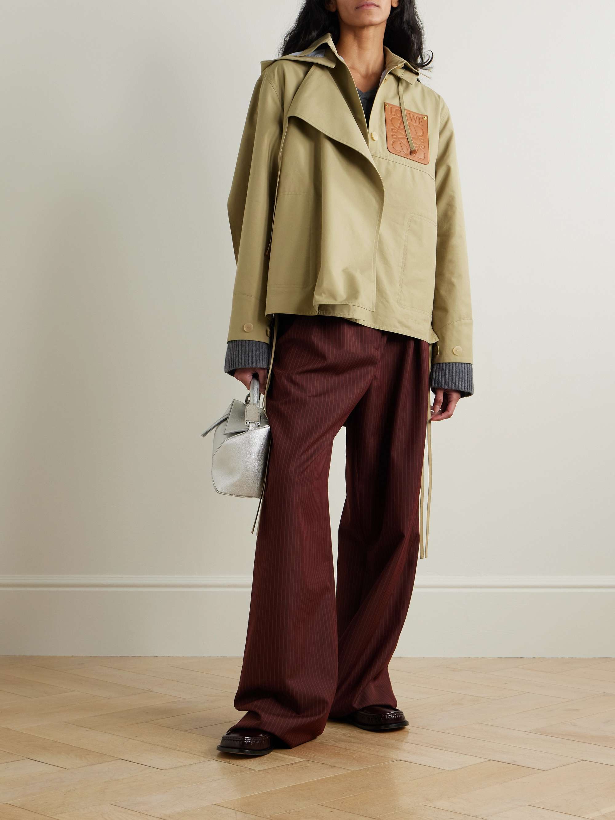 Anagram hooded cutout leather and poplin-trimmed cotton-gabardine jacket view