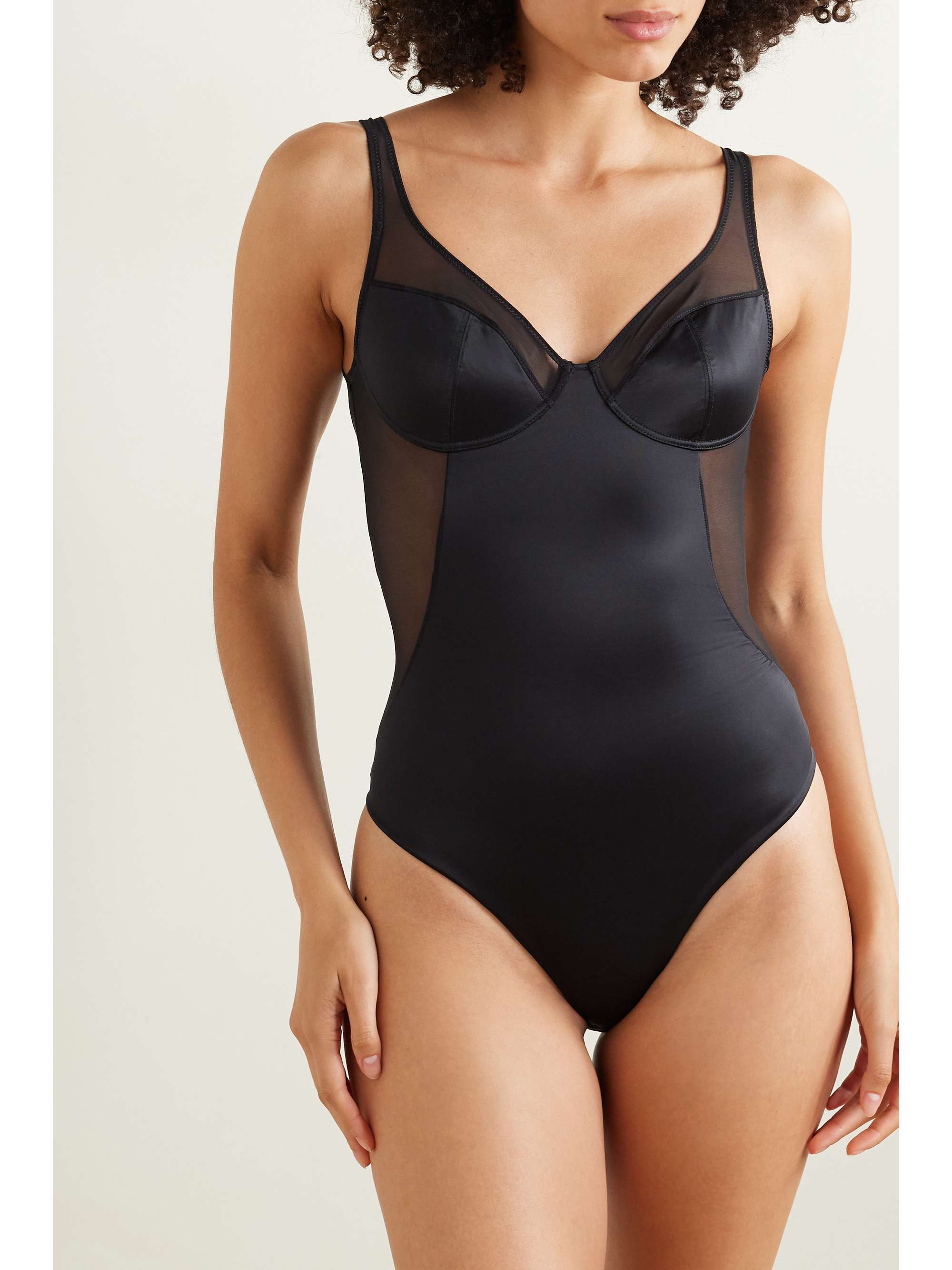 Shaping mesh-trimmed stretch-satin thong bodysuit view