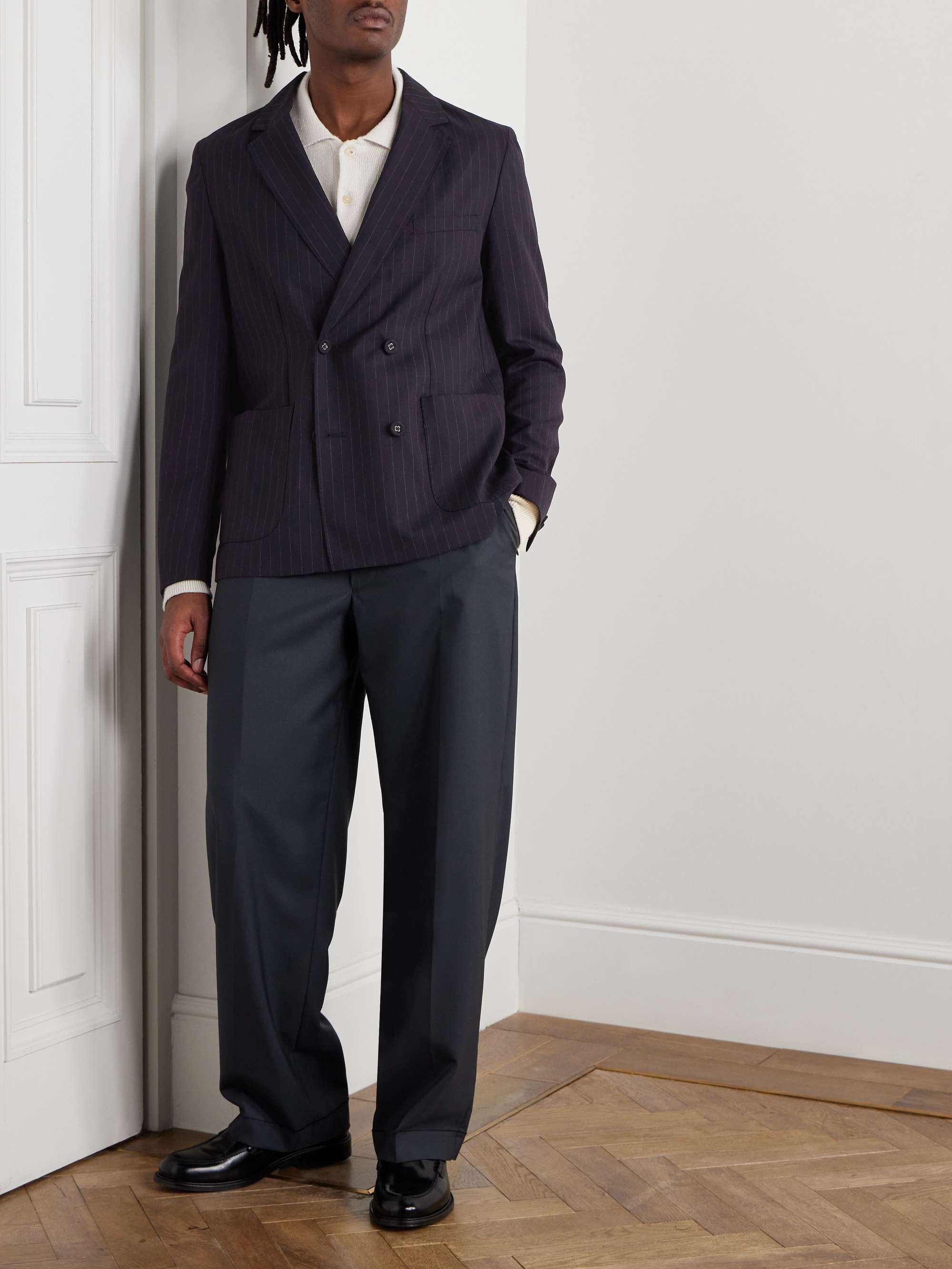 Leon Double-Breasted Pinstriped Wool Suit Jacket view