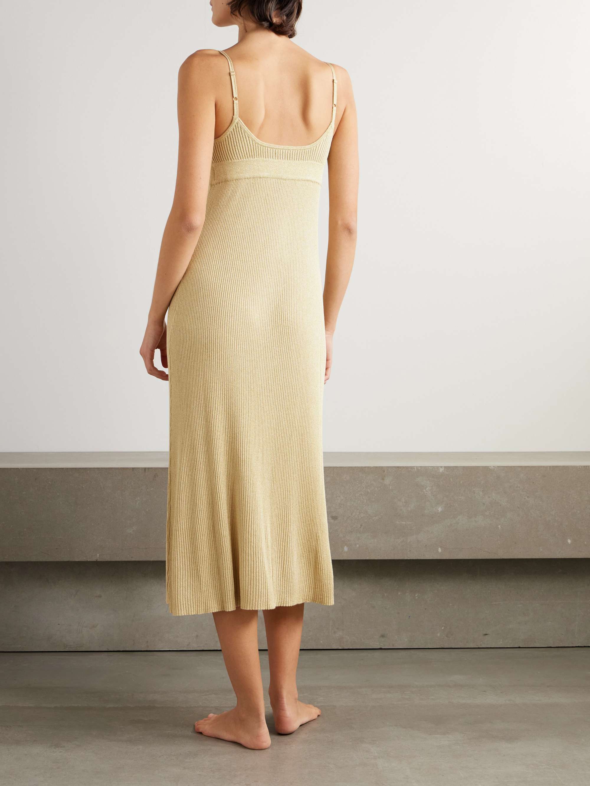 Gold metallic ribbed-knit midi dress view
