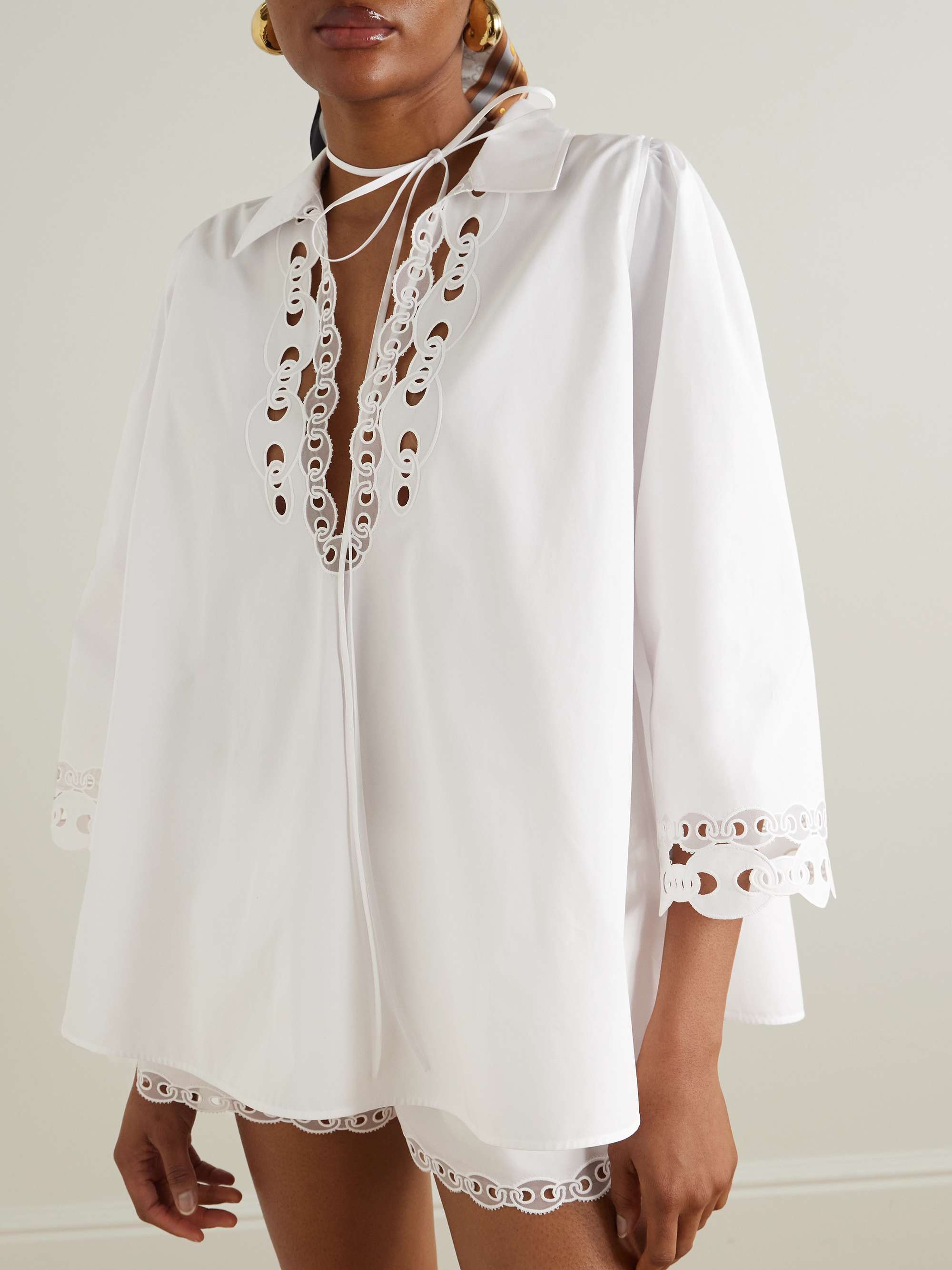 Broderie anglaise and tulle-trimmed cotton-poplin shirt view