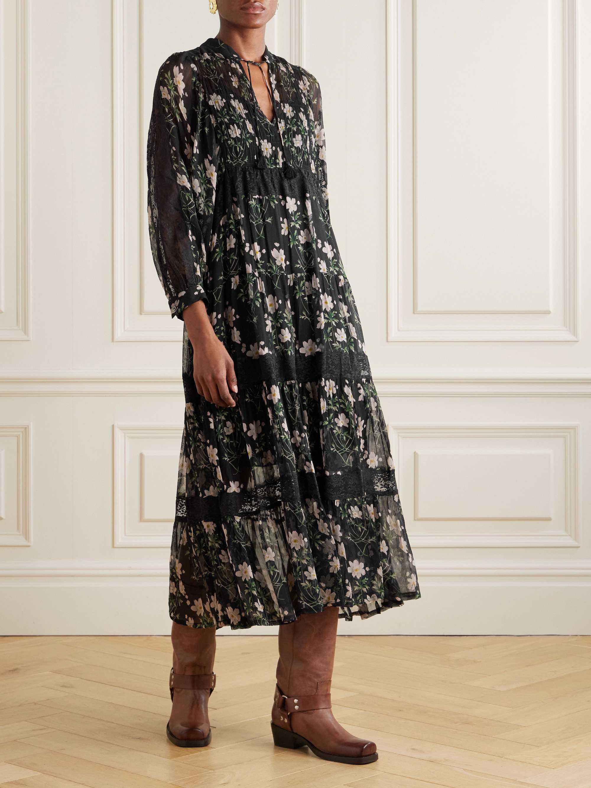 Elizabeth tiered lace-trimmed floral-print crepon midi dress view