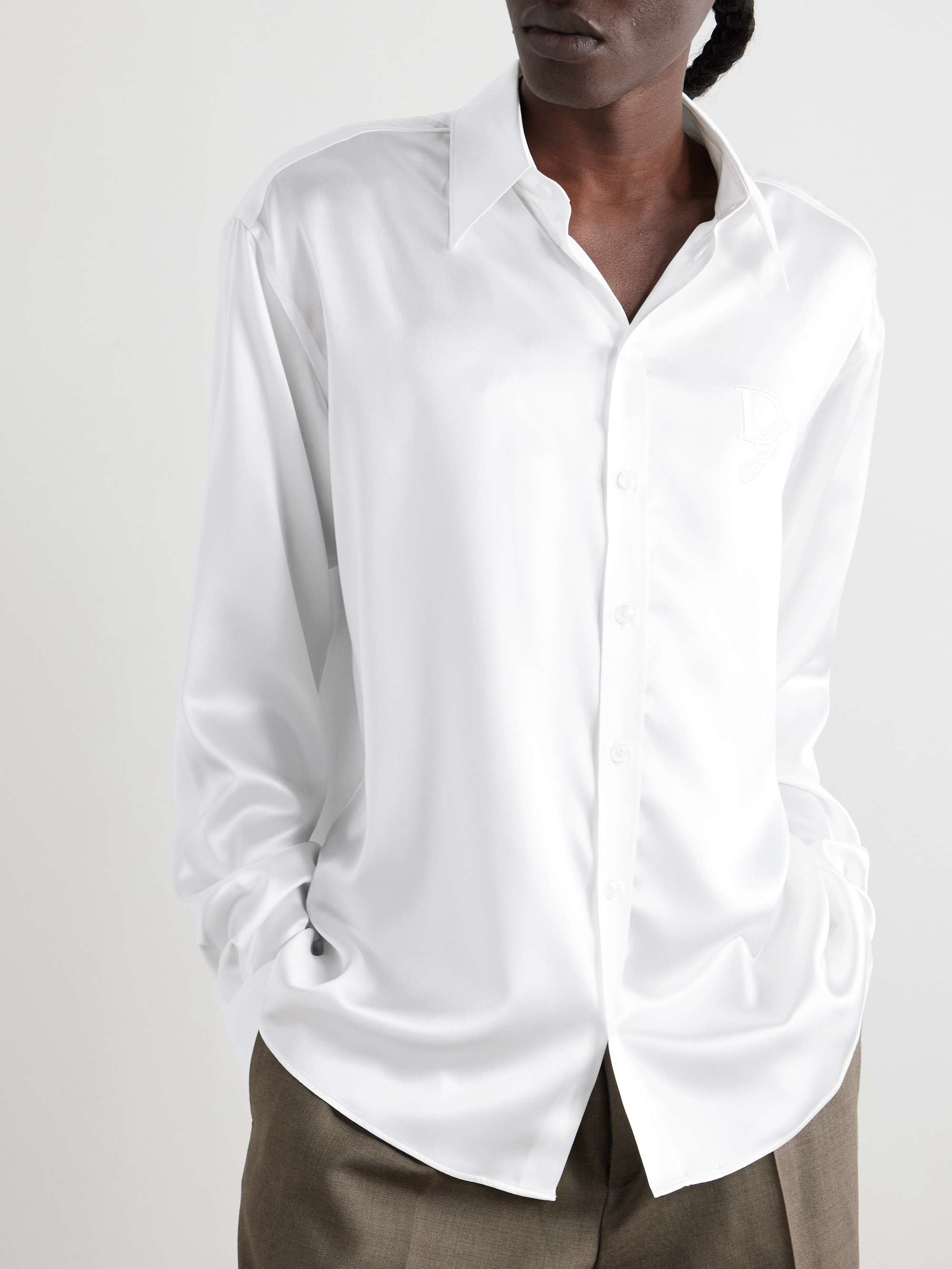 Oversized Logo-Embroidered Silk-Satin Shirt view