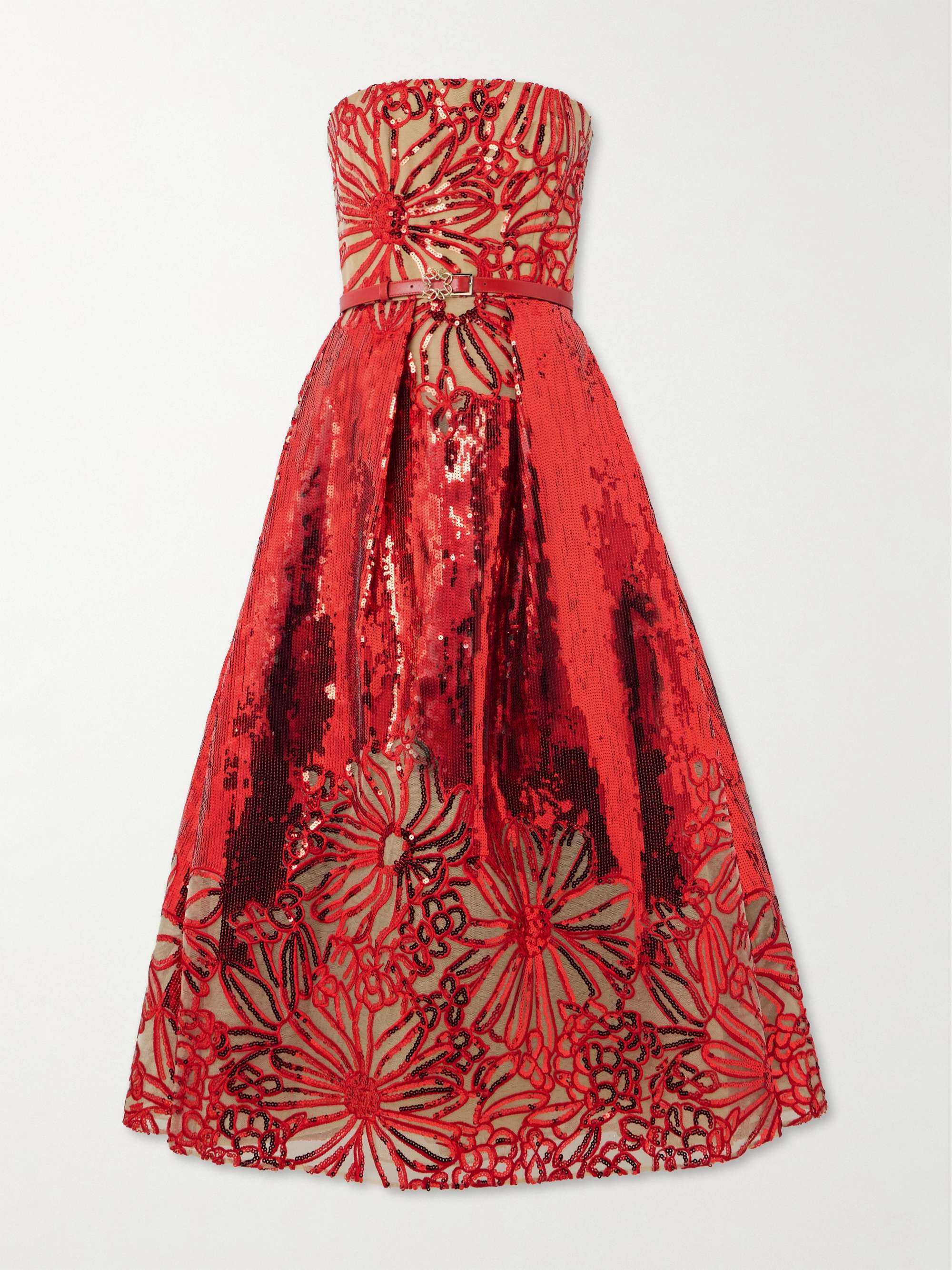 Belted strapless pleated embroidered sequined tulle midi dress view