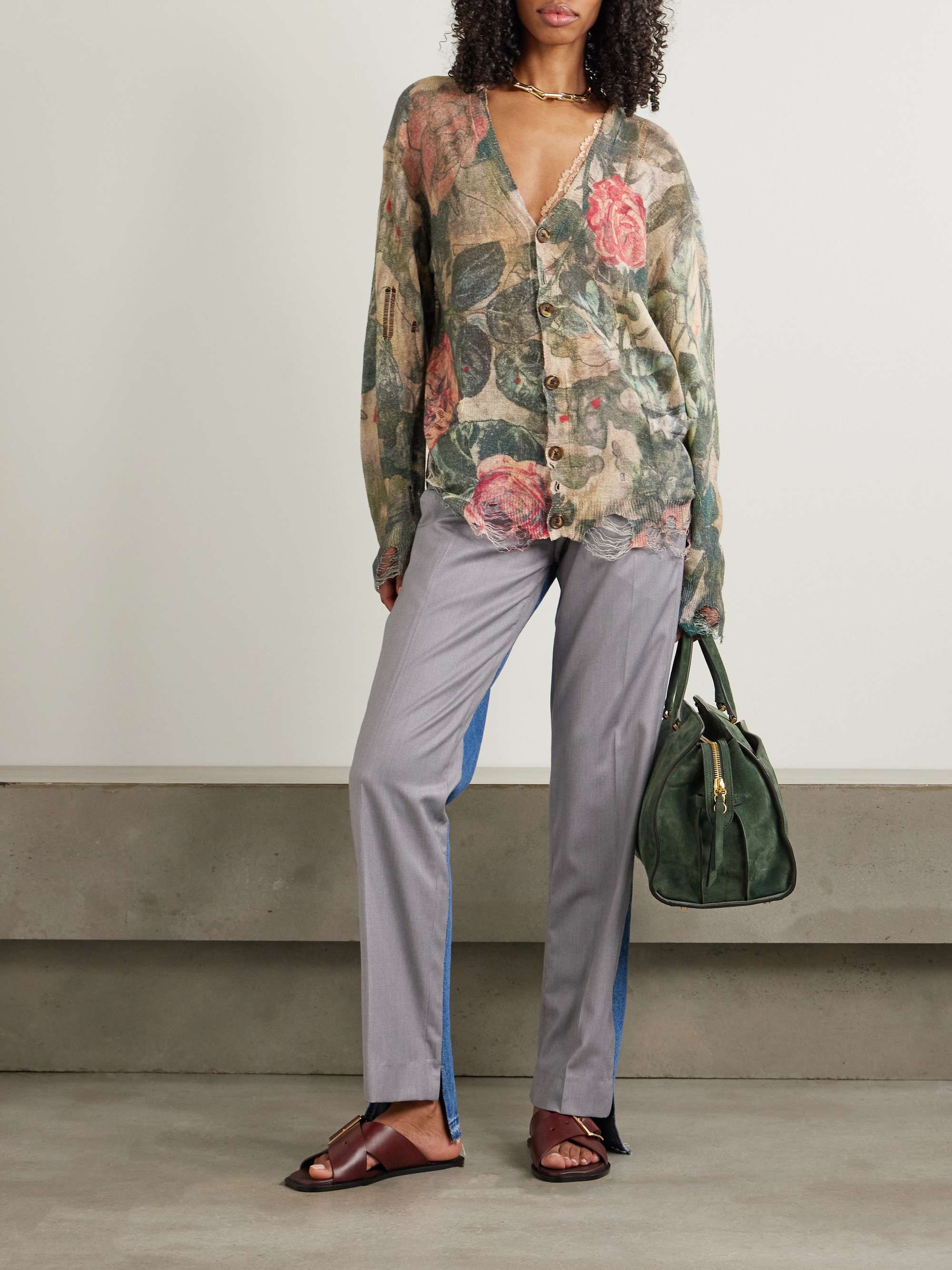 Boyfriend distressed floral-print linen cardigan view