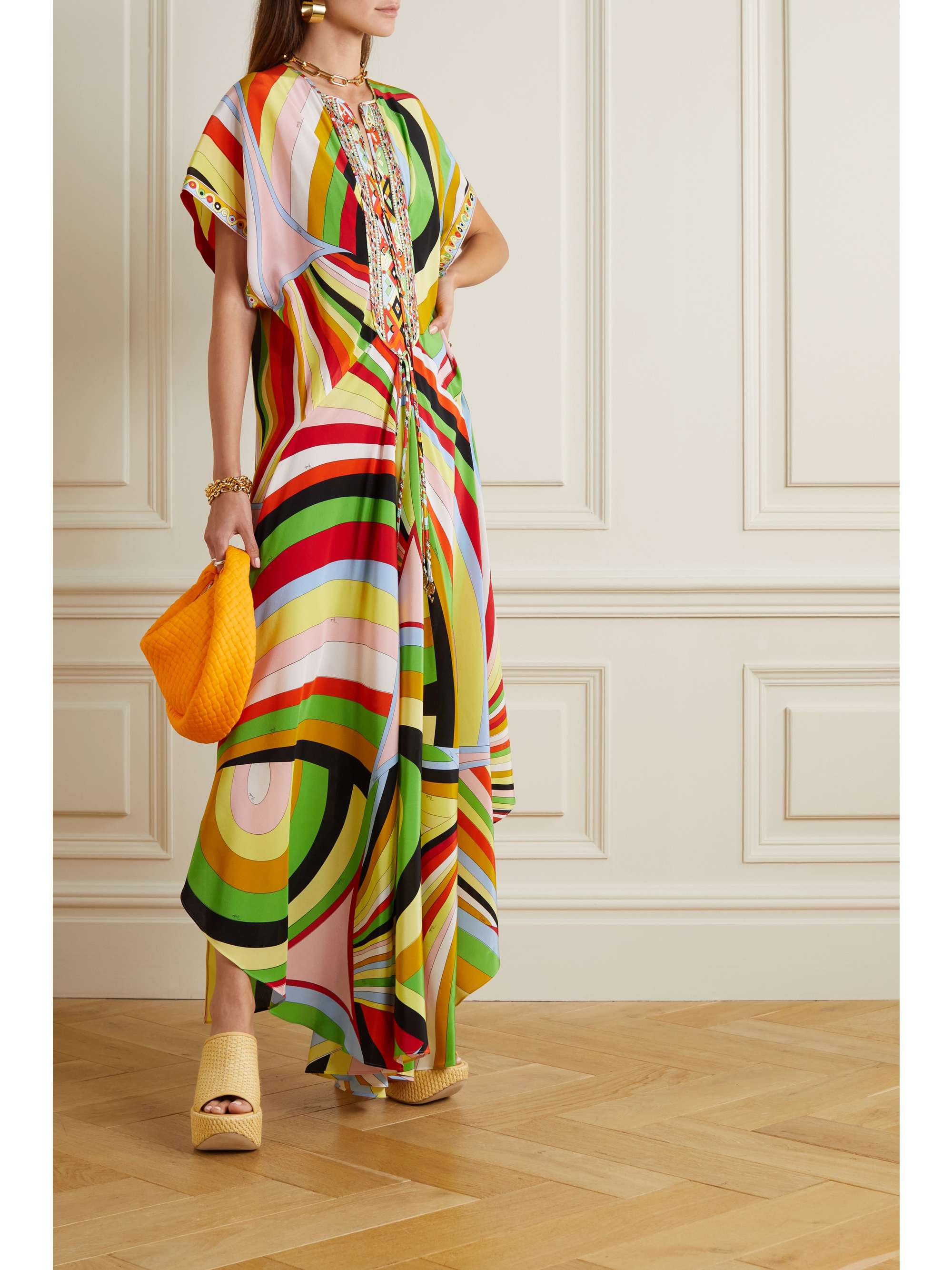 Asymmetric printed silk-satin maxi dress view