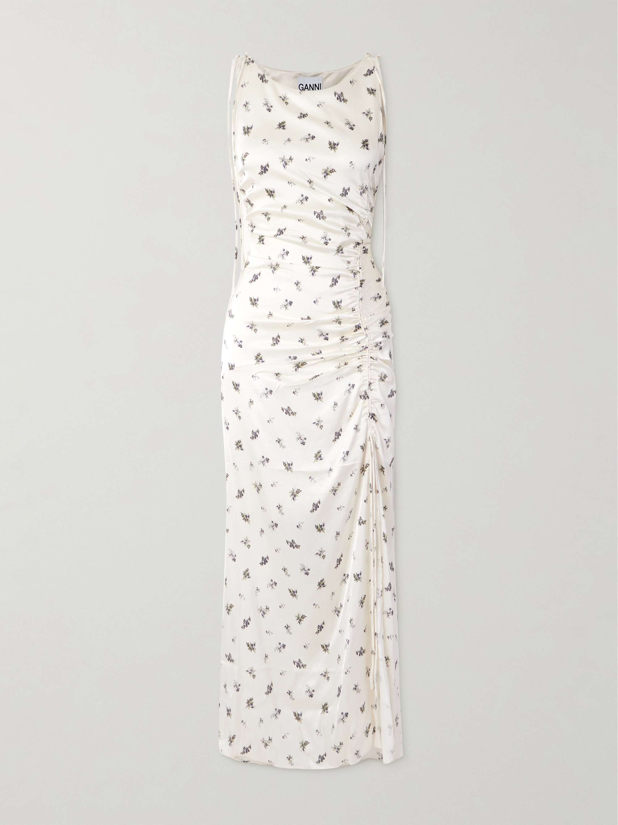 Gathered tie-detailed floral-print satin midi dress view