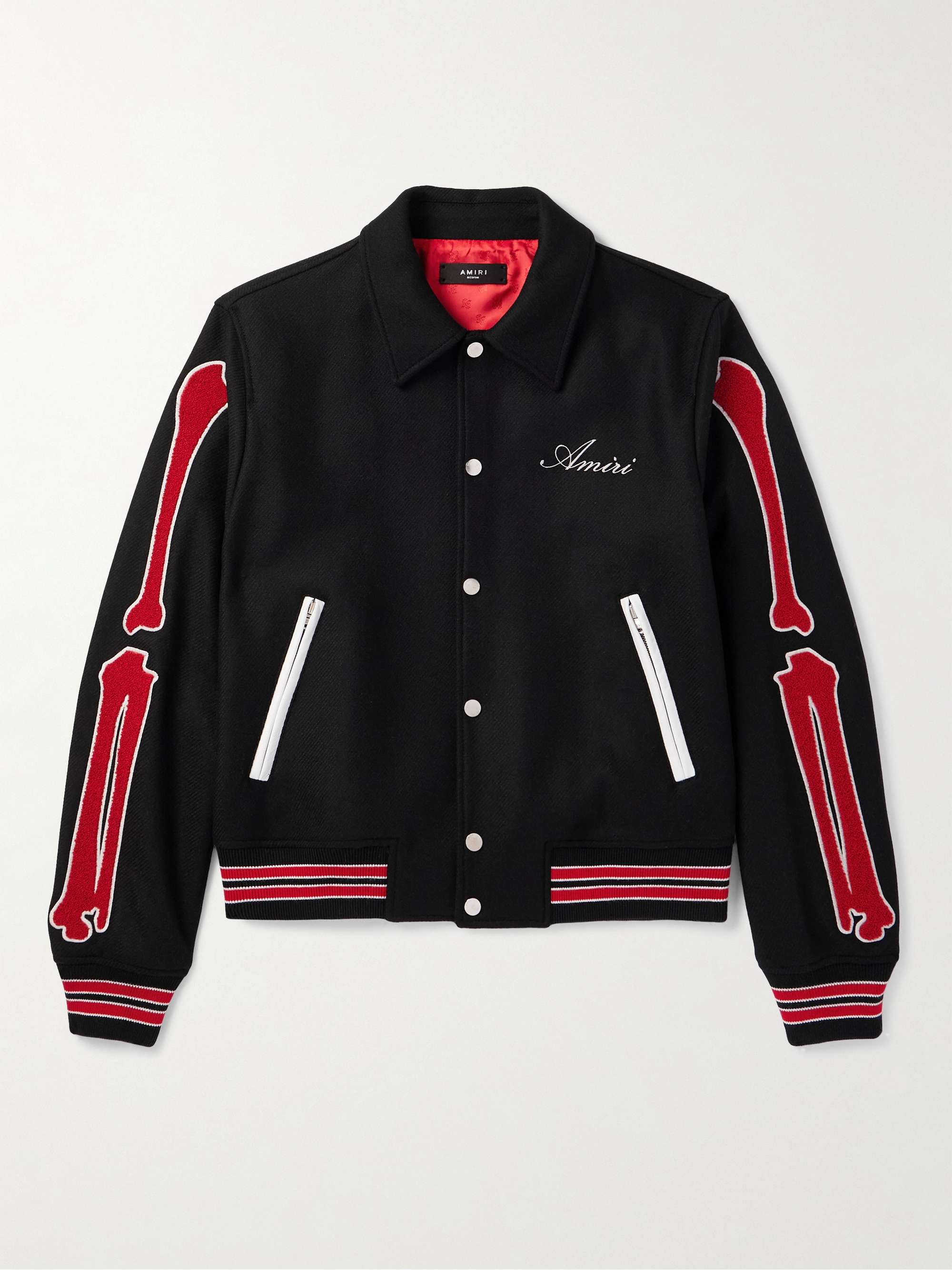 Bones Leather-Trimmed Appliquéd Logo-Embroidered Wool-Blend Twill Varsity Jacket view
