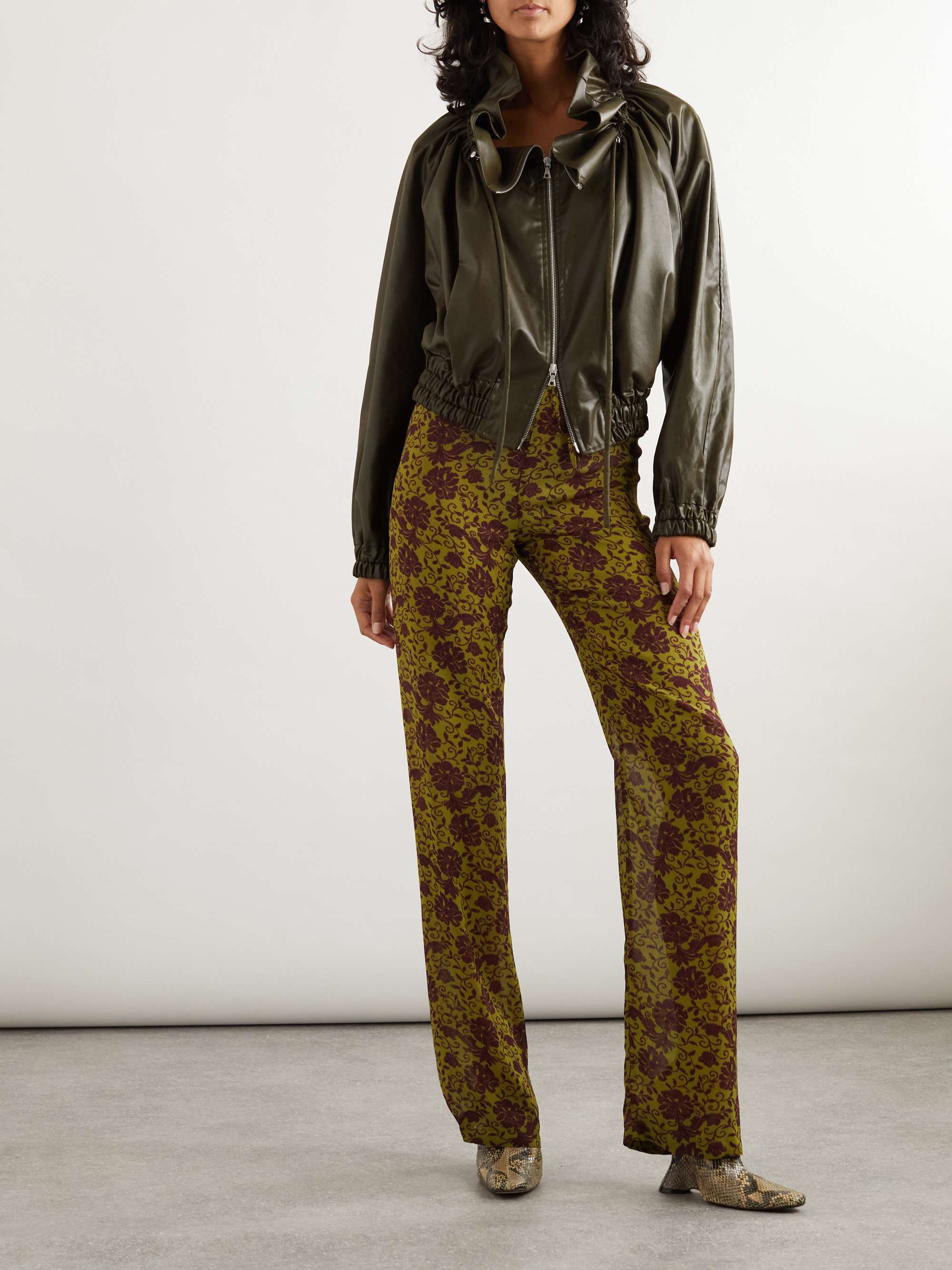 Cropped ruffled faux leather bomber jacket view