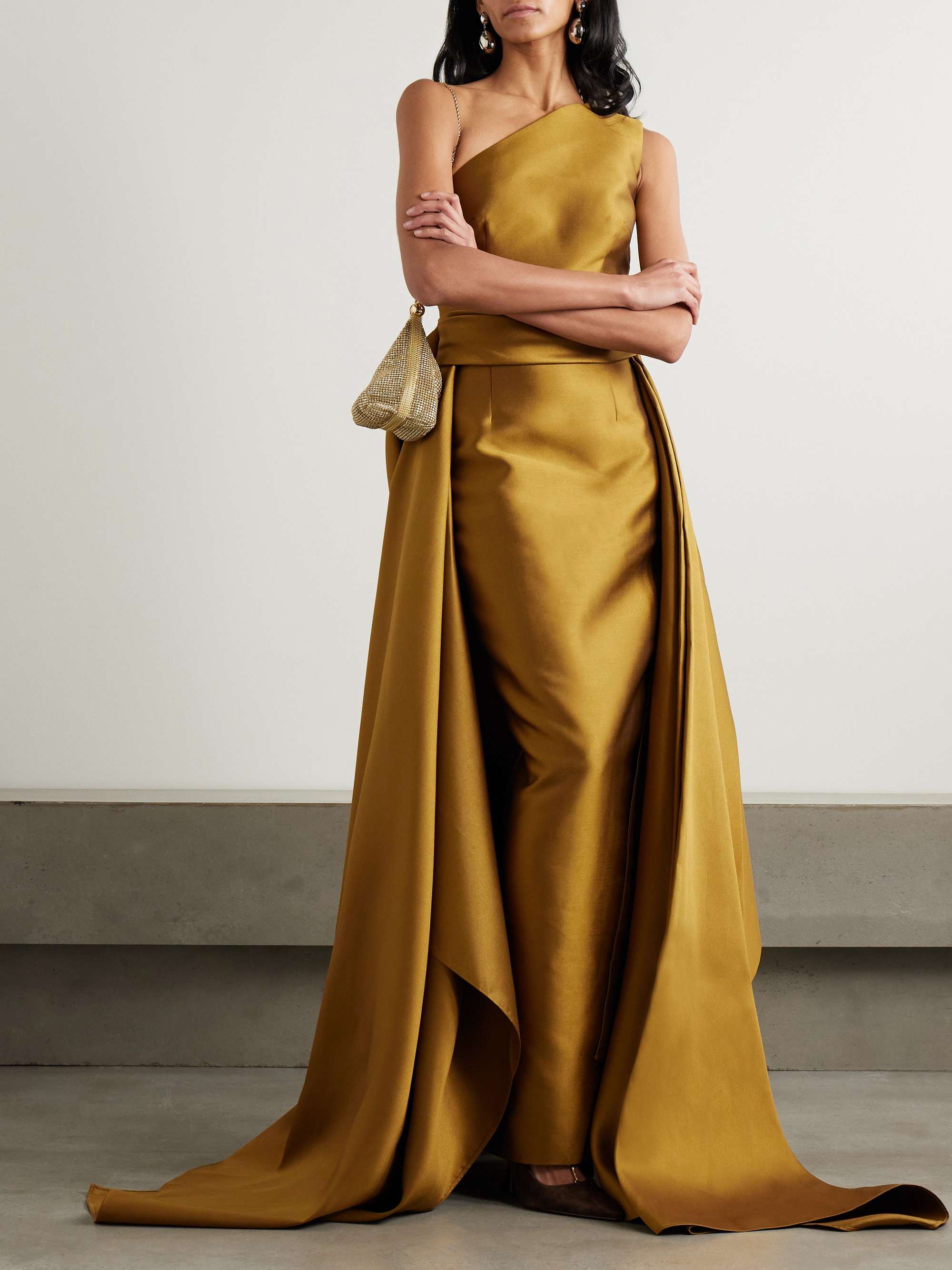 Charo one-shoulder draped satin-twill gown view