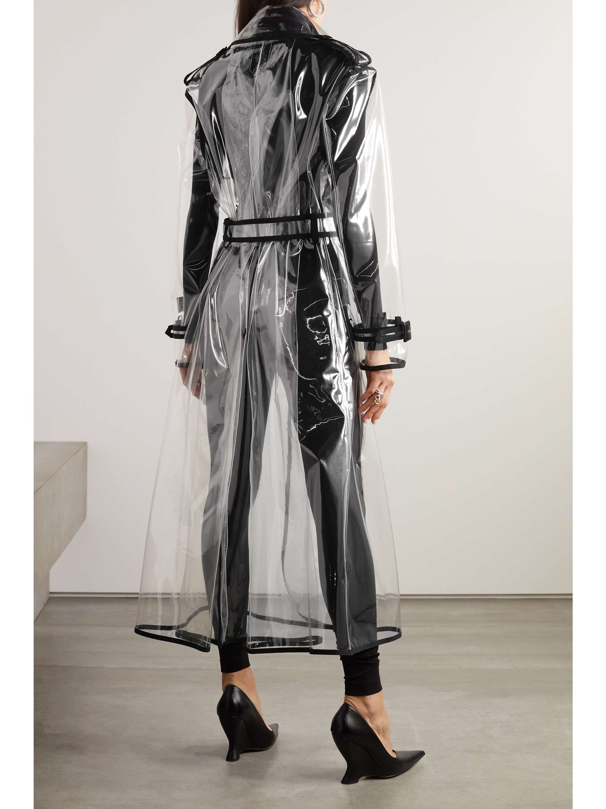 Piped cotton-trimmed PVC trench coat view