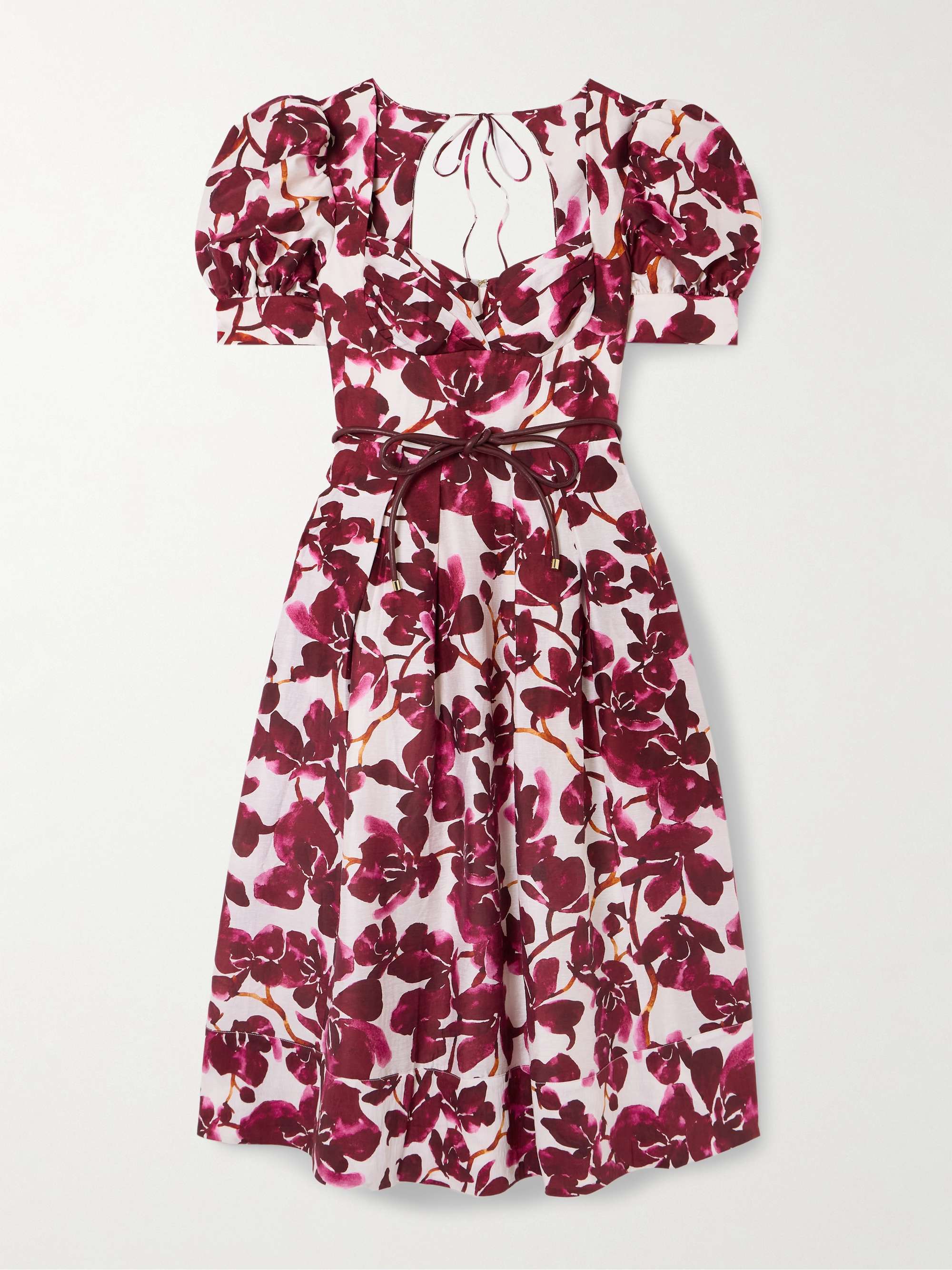 Nerissa belted leather-trimmed floral-print voile midi dress view