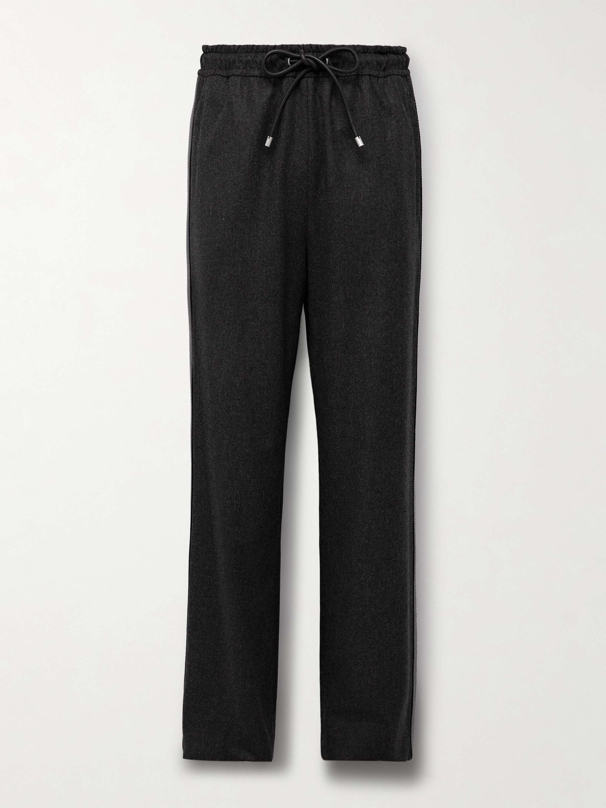 Straight-Leg Leather-Trimmed Wool and Cashmere-Blend Flannel Drawstring Trousers view