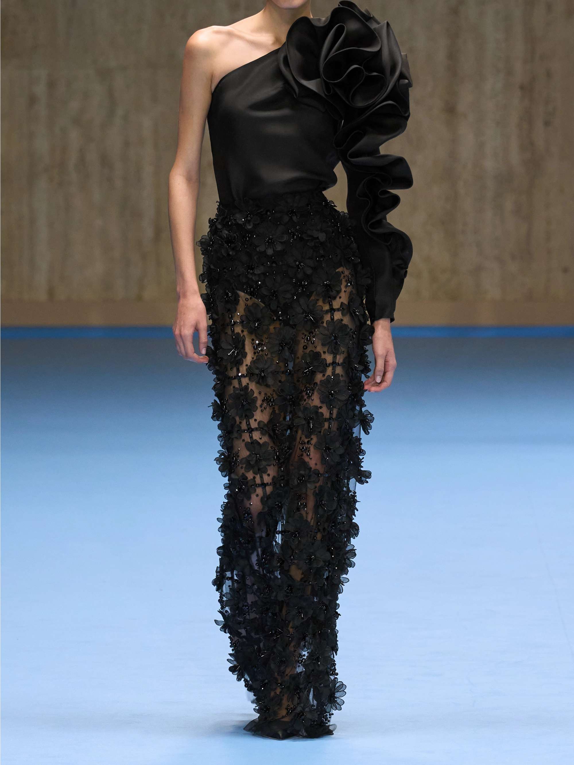 One-sleeve ruffled silk-gazar top view