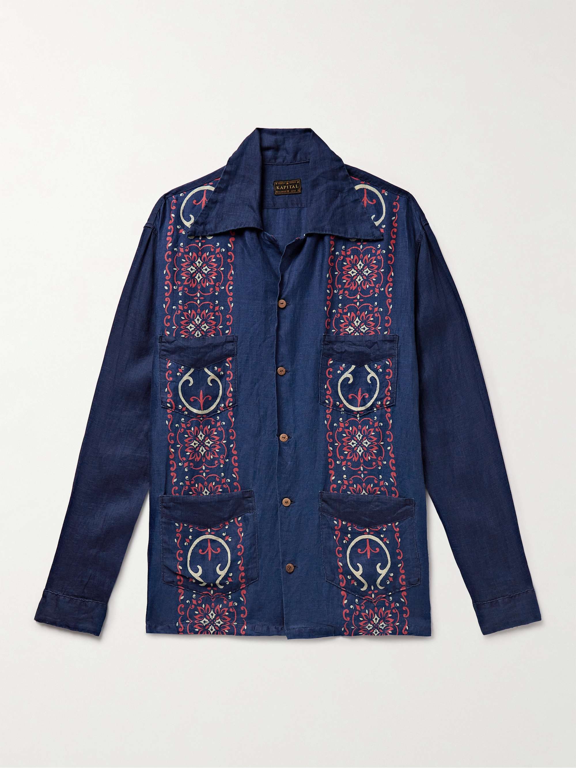 Camp-Collar Indigo-Dyed Printed Linen Shirt view