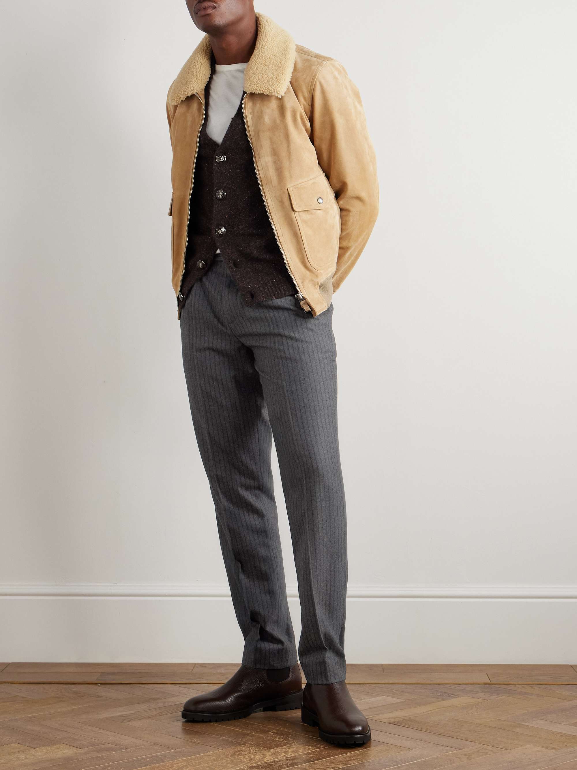 Straight-Leg Pleated Striped Wool-Flannel Suit Trousers view