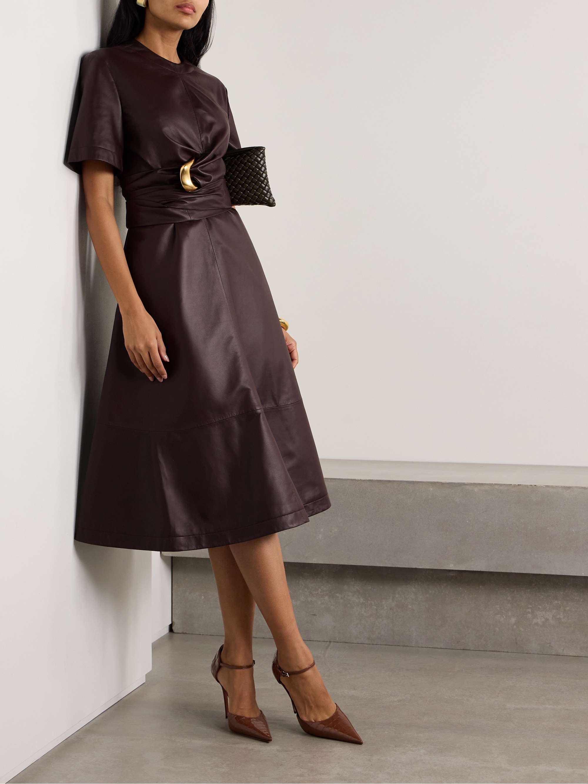 Honey embellished draped leather midi dress view