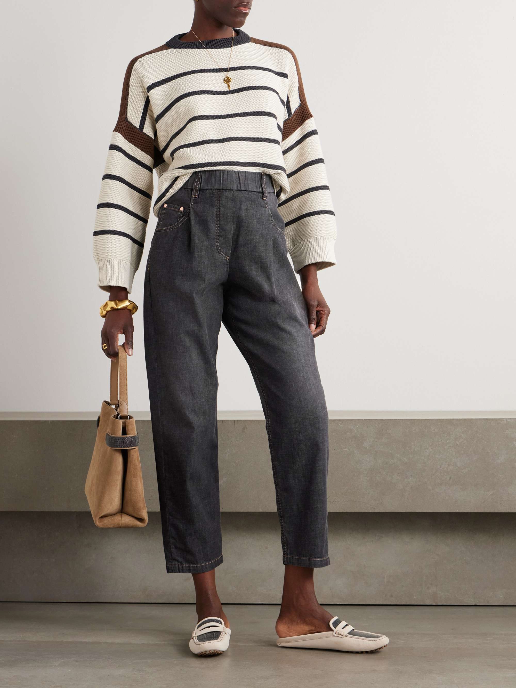 Pleated denim tapered jeans view