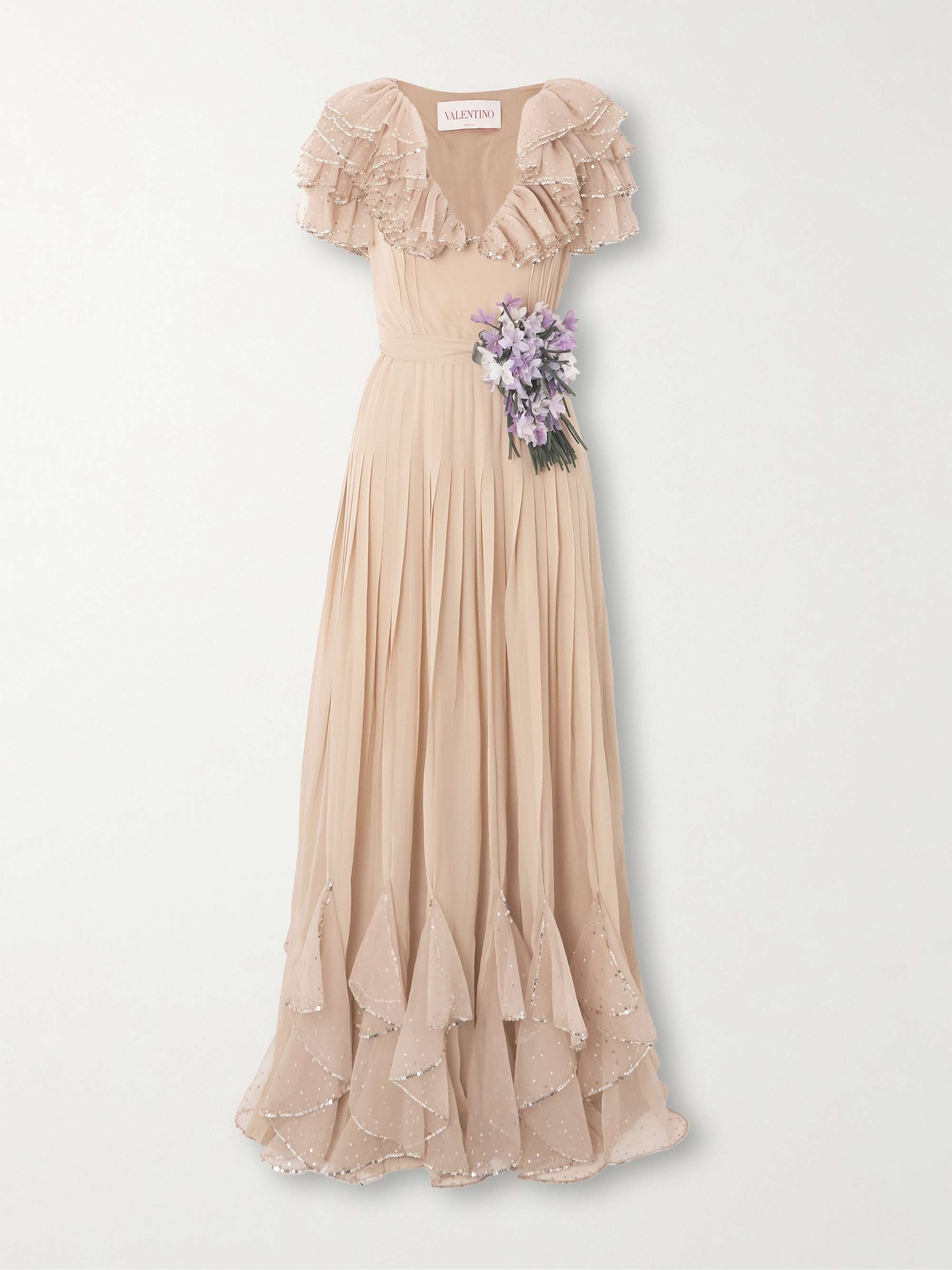 Belted ruffled embellished silk-georgette gown view