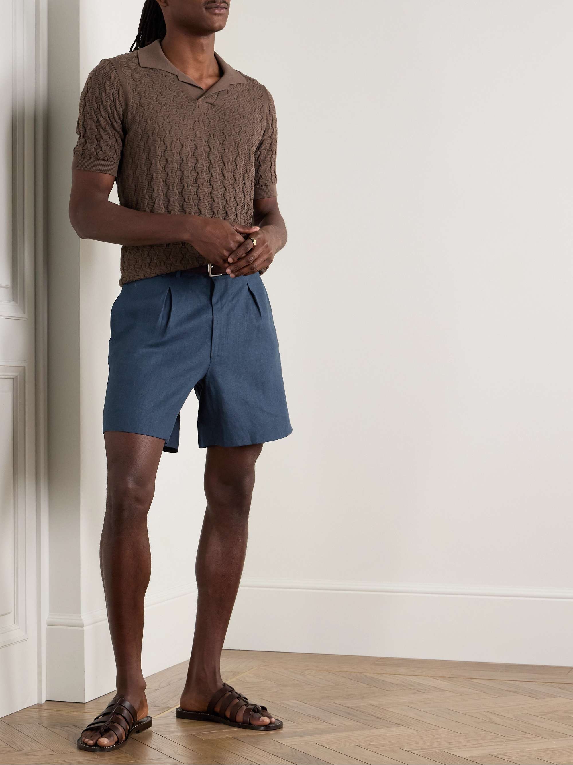 Wide-Leg Pleated Linen Shorts view
