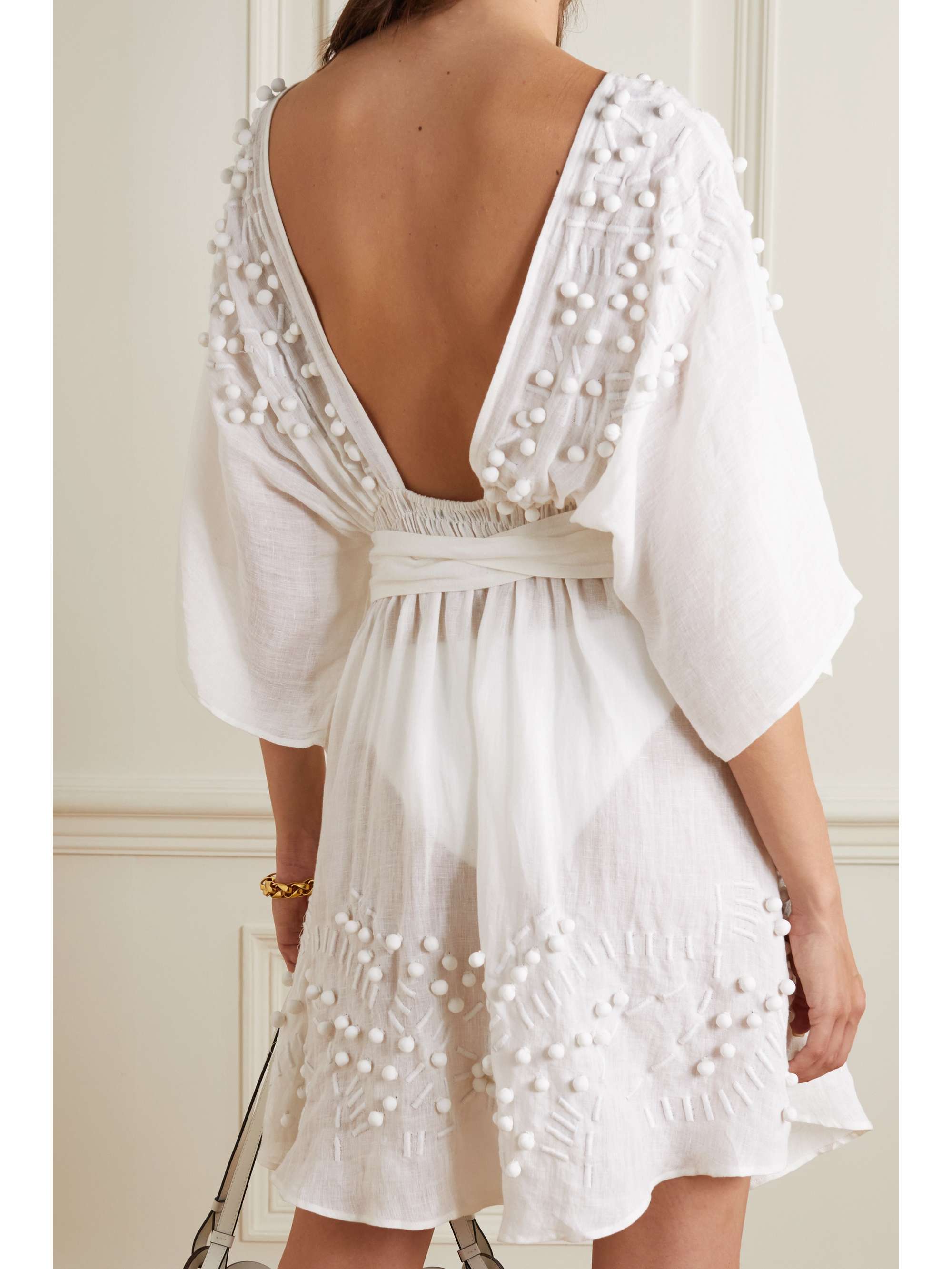 Aphrodite belted open-back embellished linen-voile dress view